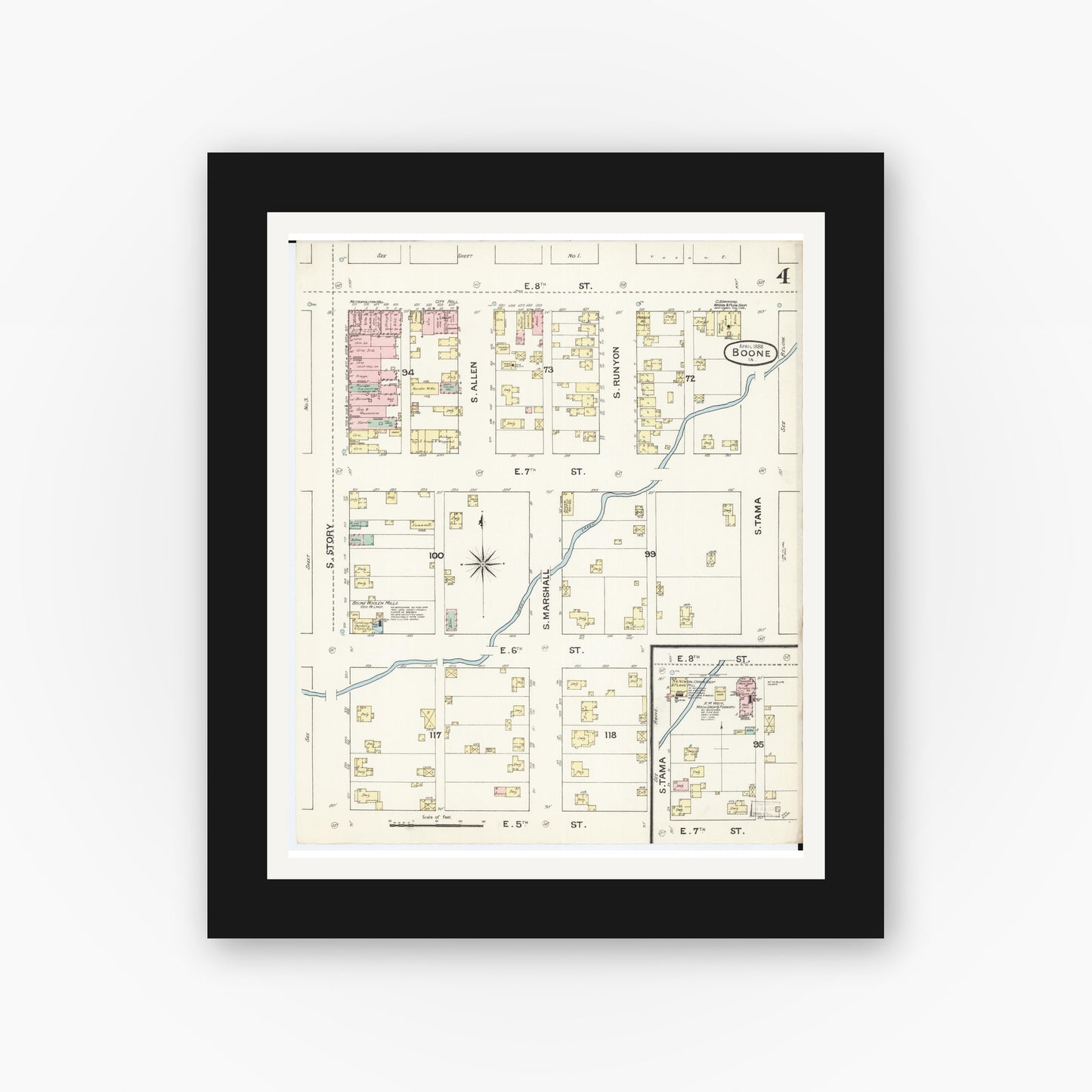 Old map wall art mockup — black gallery frame with white mat — Sanborn Fire Insurance Map from Boone, Boone County, Iowa (1888), Sheet #0004