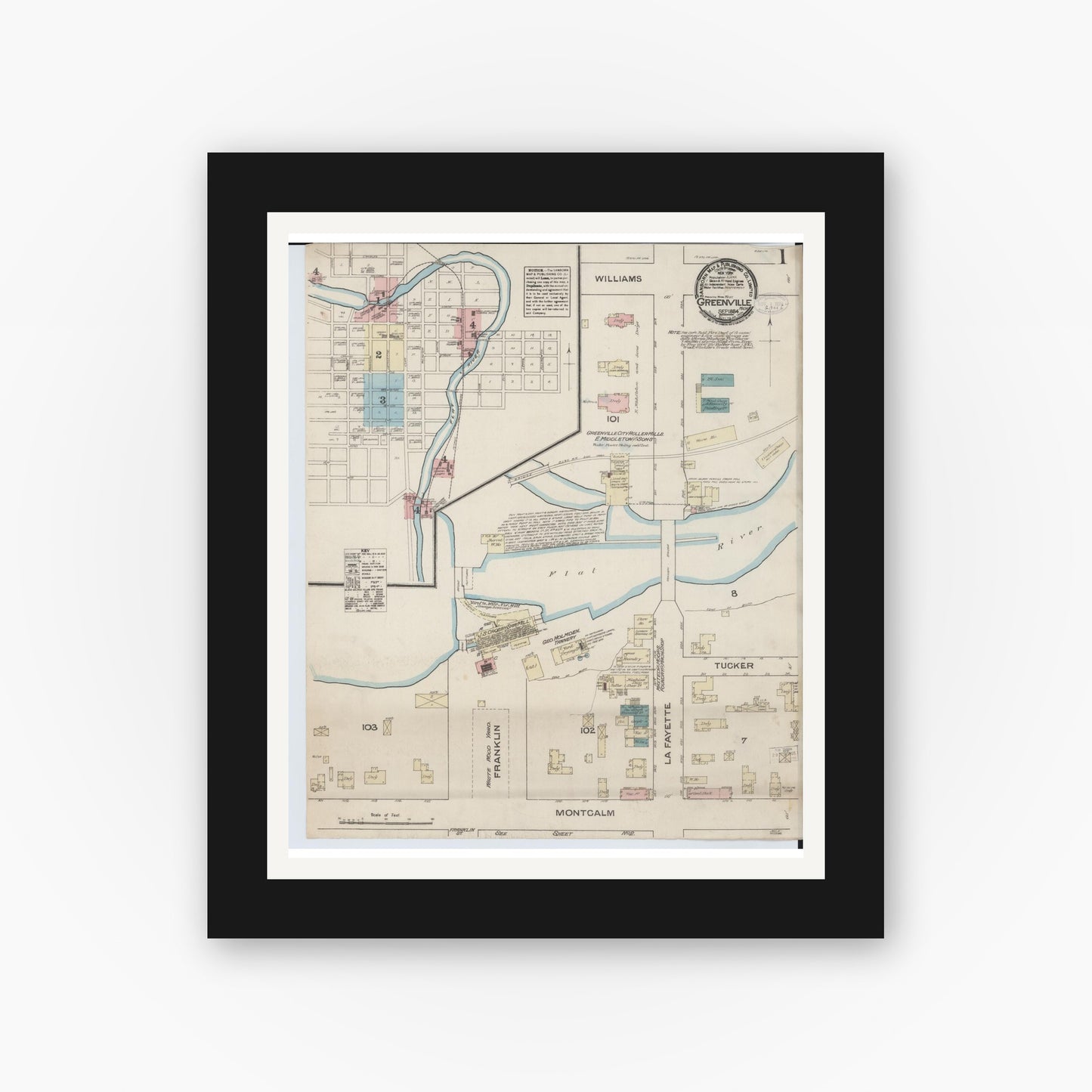 Old map wall art mockup — black gallery frame with white mat — Sanborn Fire Insurance Map from Greenville, Montcalm County, Michigan (1884) - Complete Map Set