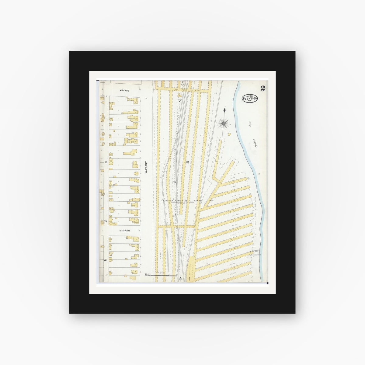Old map wall art mockup — black gallery frame with white mat — Sanborn Fire Insurance Map from Peshtigo, Marinette County, Wisconsin (1904), Sheet #0002