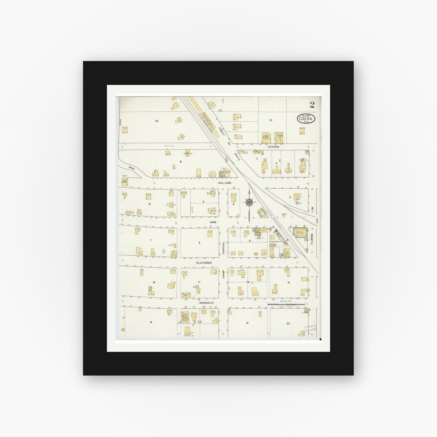 Old map wall art mockup — black gallery frame with white mat — Sanborn Fire Insurance Map from Cocoa, Brevard County, Florida (1919), Sheet #0002