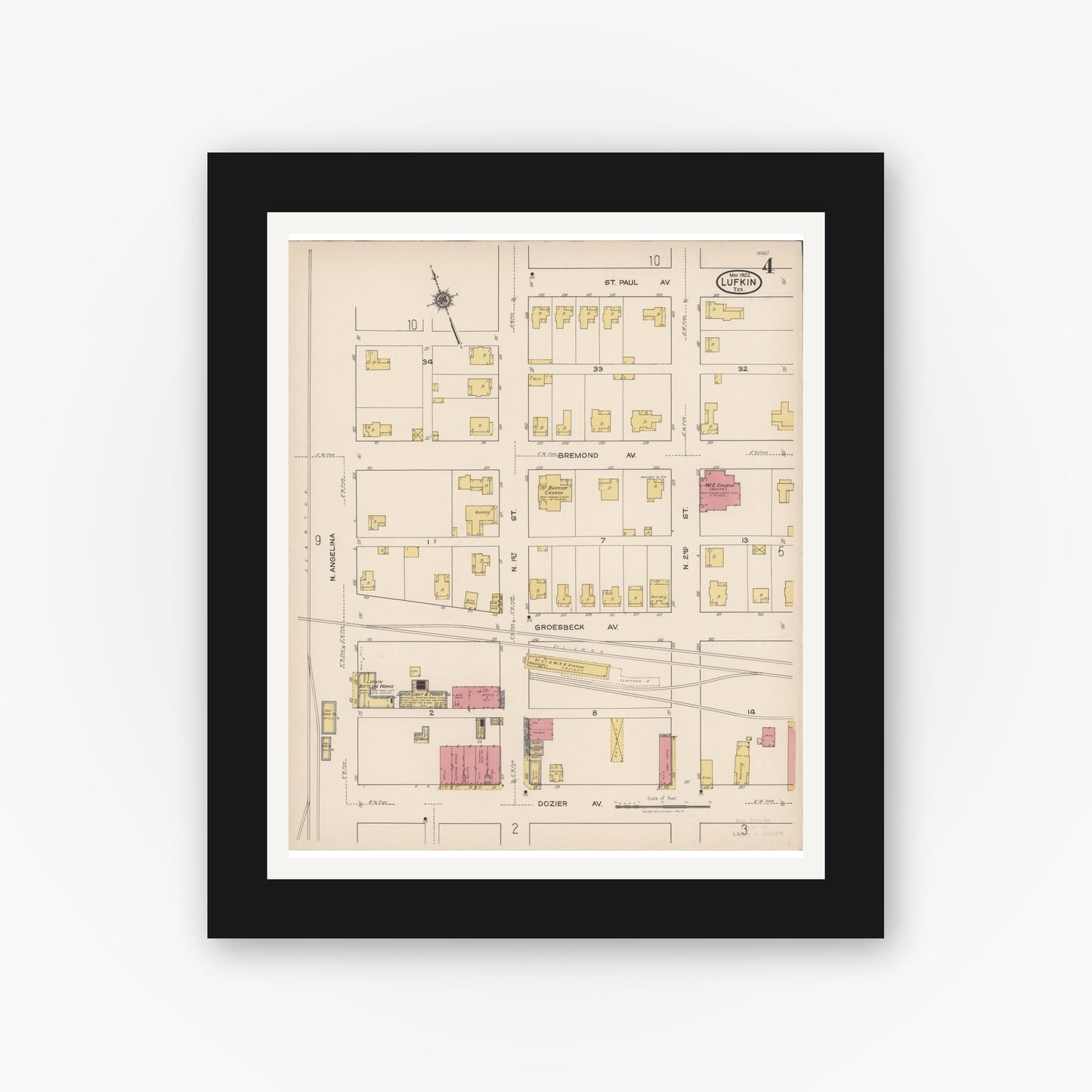 Old map wall art mockup — black gallery frame with white mat — Sanborn Fire Insurance Map from Lufkin, Angelina County, Texas (1922), Sheet #0004