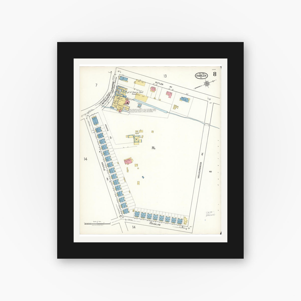 Old map wall art mockup β black gallery frame with white mat β Sanborn Fire Insurance Map from Ambler, Montgomery County, Pennsylvania (1921), Sheet #0008