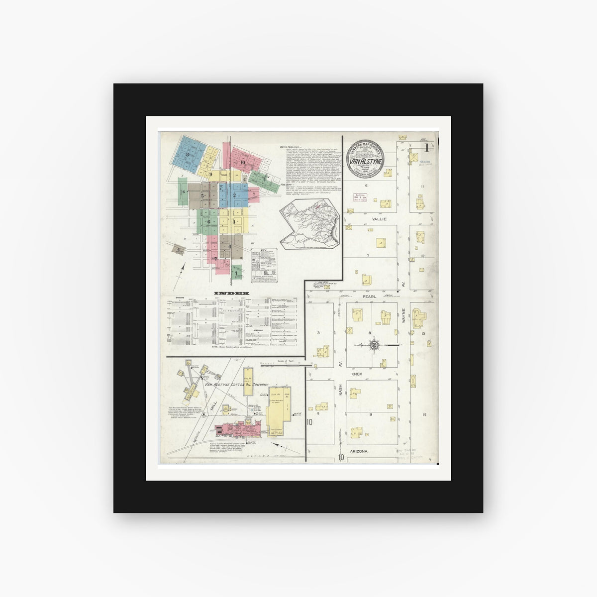 Old map wall art mockup — black gallery frame with white mat — Sanborn Fire Insurance Map from Van Alstyne, Grayson County, Texas (1914) - Complete Map Set