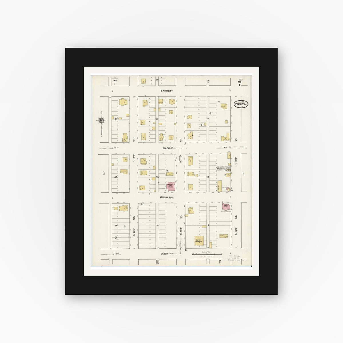 Old map wall art mockup — black gallery frame with white mat — Sanborn Fire Insurance Map from Paducah, Cottle County, Texas (1921), Sheet #0007