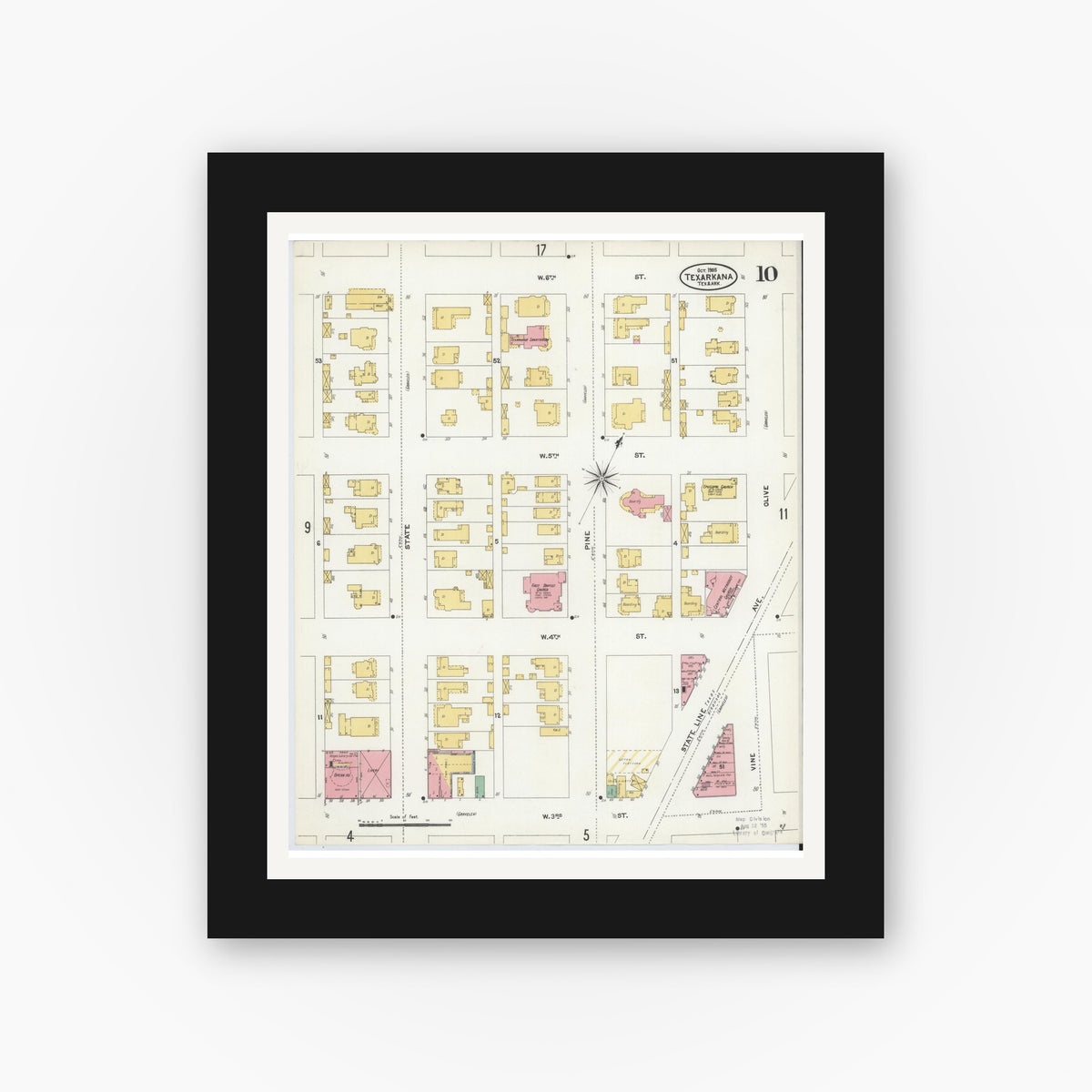 Old map wall art mockup — black gallery frame with white mat — Sanborn Fire Insurance Map from Texarkana, Bowie County, Texas (1905), Sheet #0010