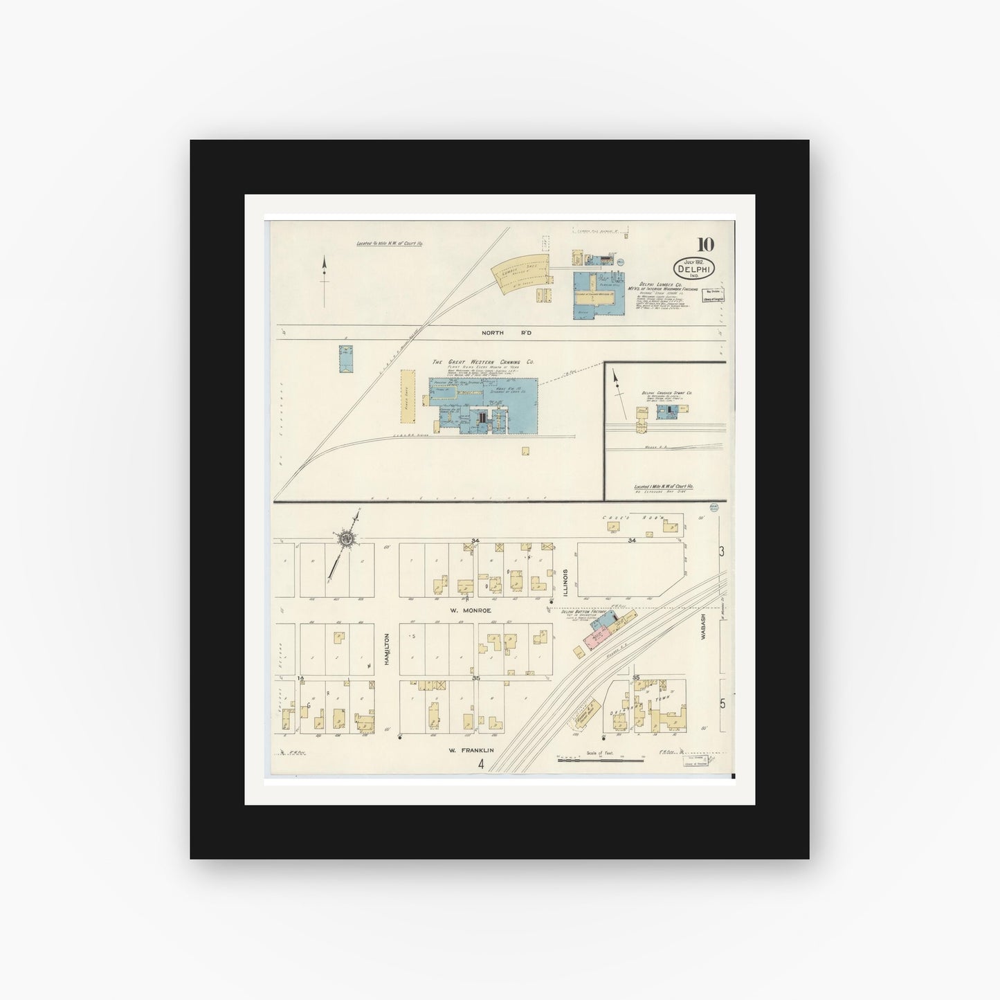 Old map wall art mockup — black gallery frame with white mat — Sanborn Fire Insurance Map from Delphi, Carroll County, Indiana (1912), Sheet #0010
