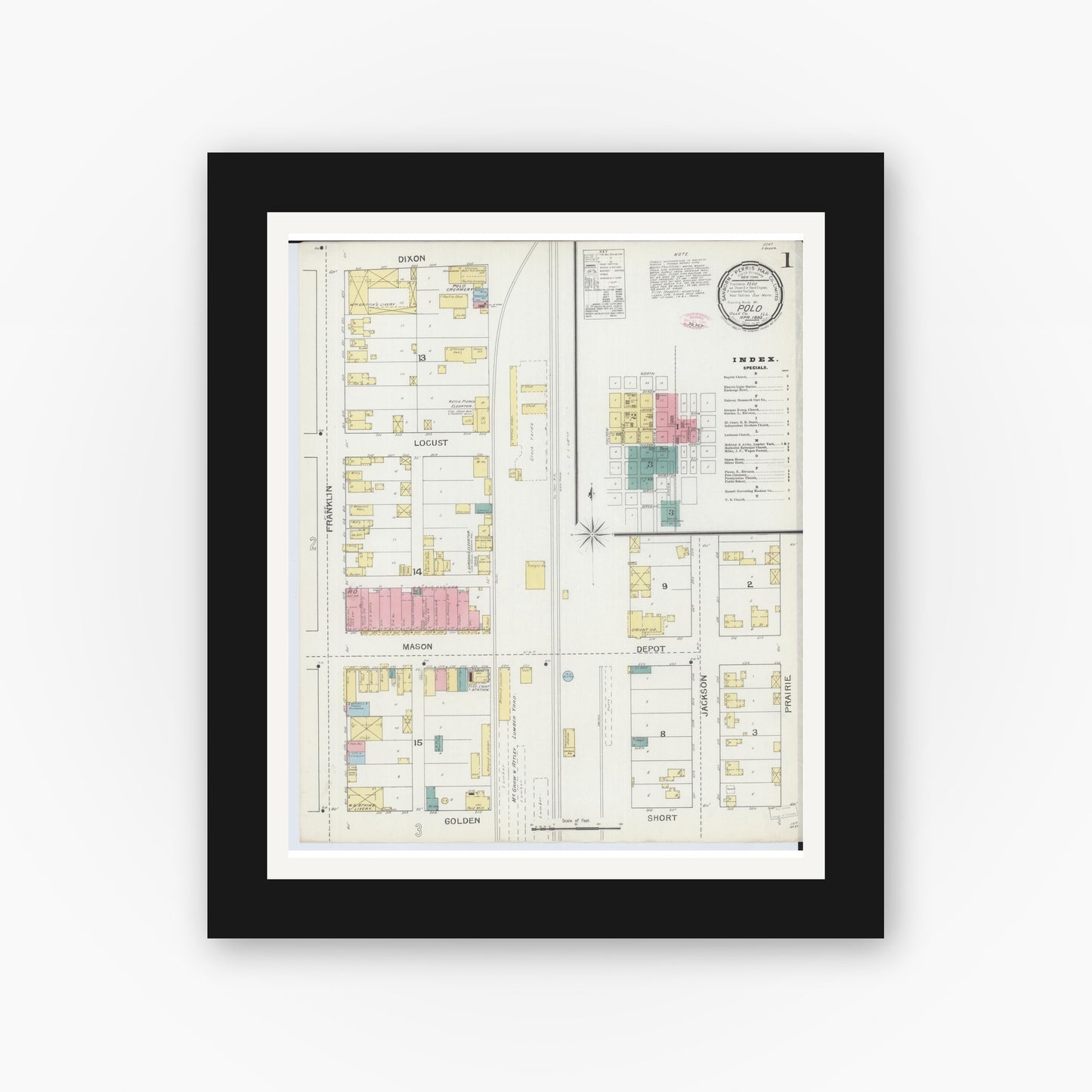 Old map wall art mockup — black gallery frame with white mat — Sanborn Fire Insurance Map from Polo, Ogle County, Illinois (1893), Sheet #0001