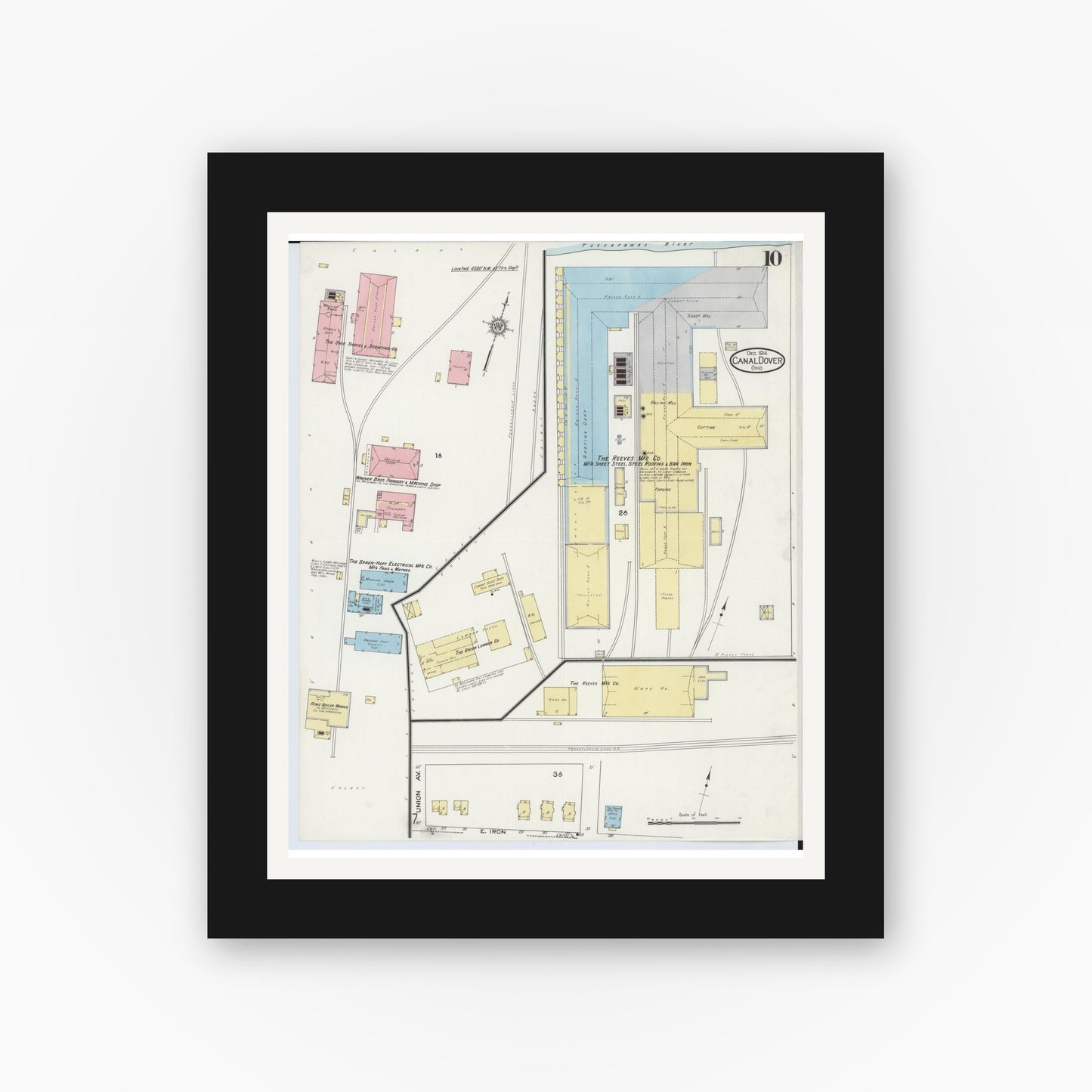 Old map wall art mockup — black gallery frame with white mat — Sanborn Fire Insurance Map from Canal Dover, Tuscarawas County, Ohio (1914), Sheet #0010