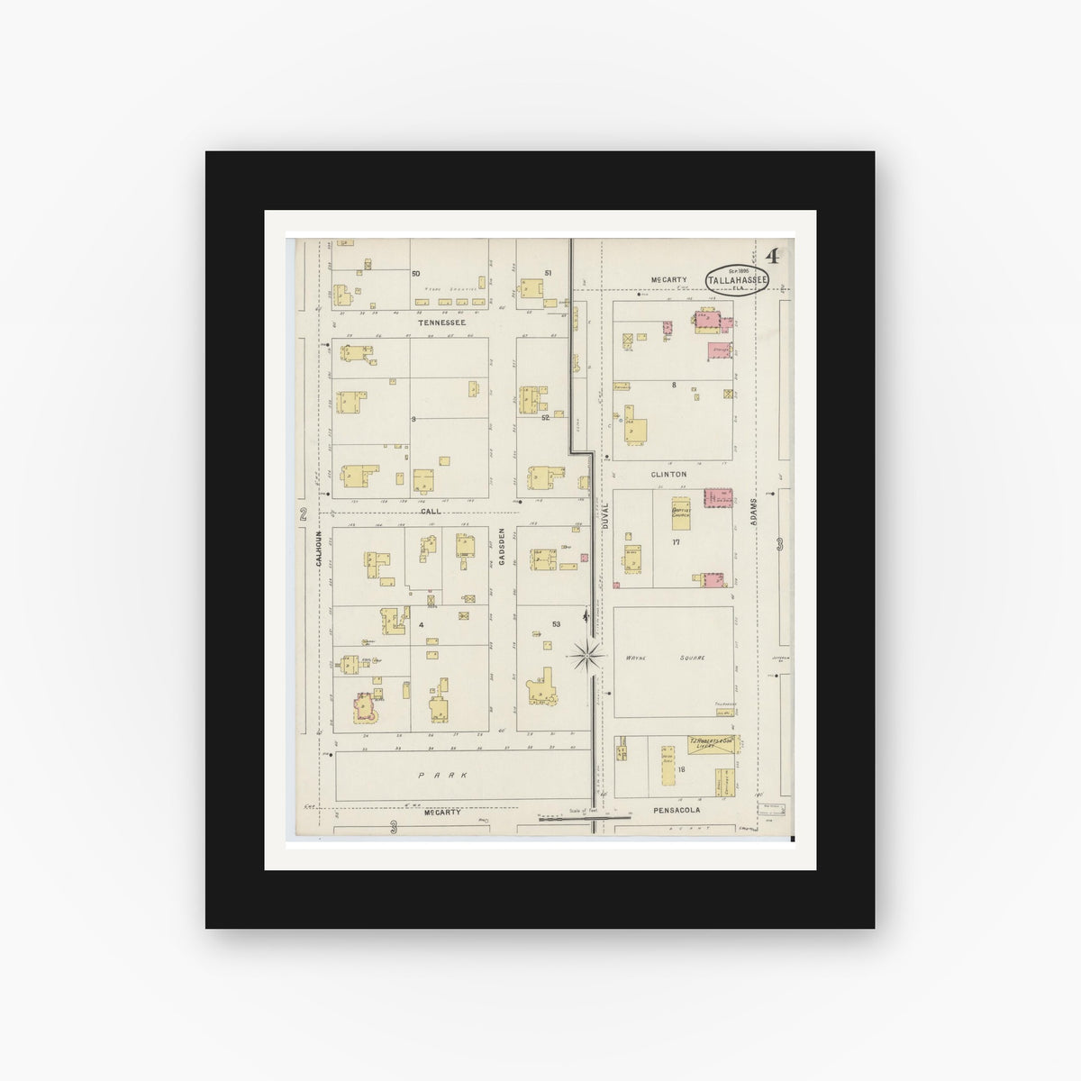 Old map wall art mockup — black gallery frame with white mat — Sanborn Fire Insurance Map from Tallahassee, Leon County, Florida (1895), Sheet #0004