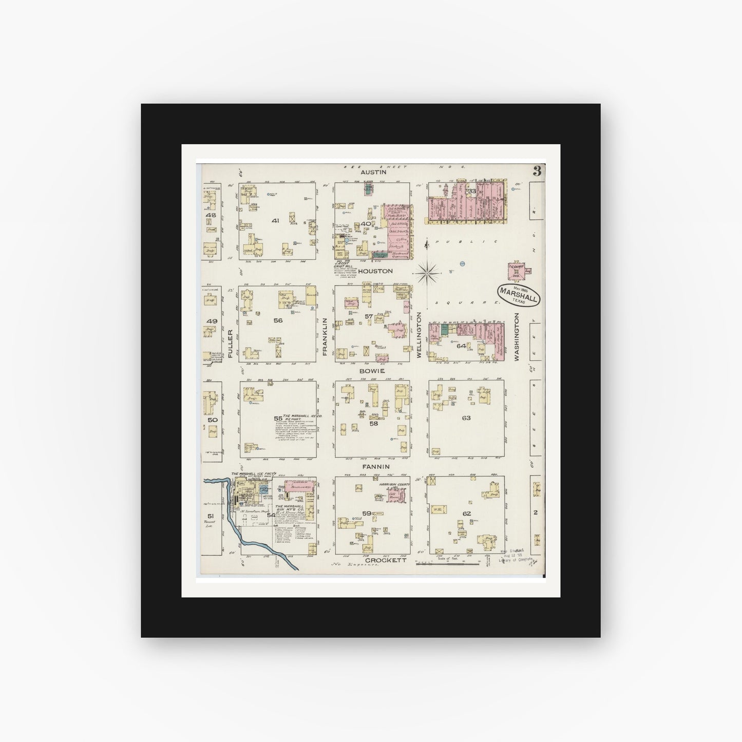 Old map wall art mockup — black gallery frame with white mat — Sanborn Fire Insurance Map from Marshall, Harrison County, Texas (1885), Sheet #0003