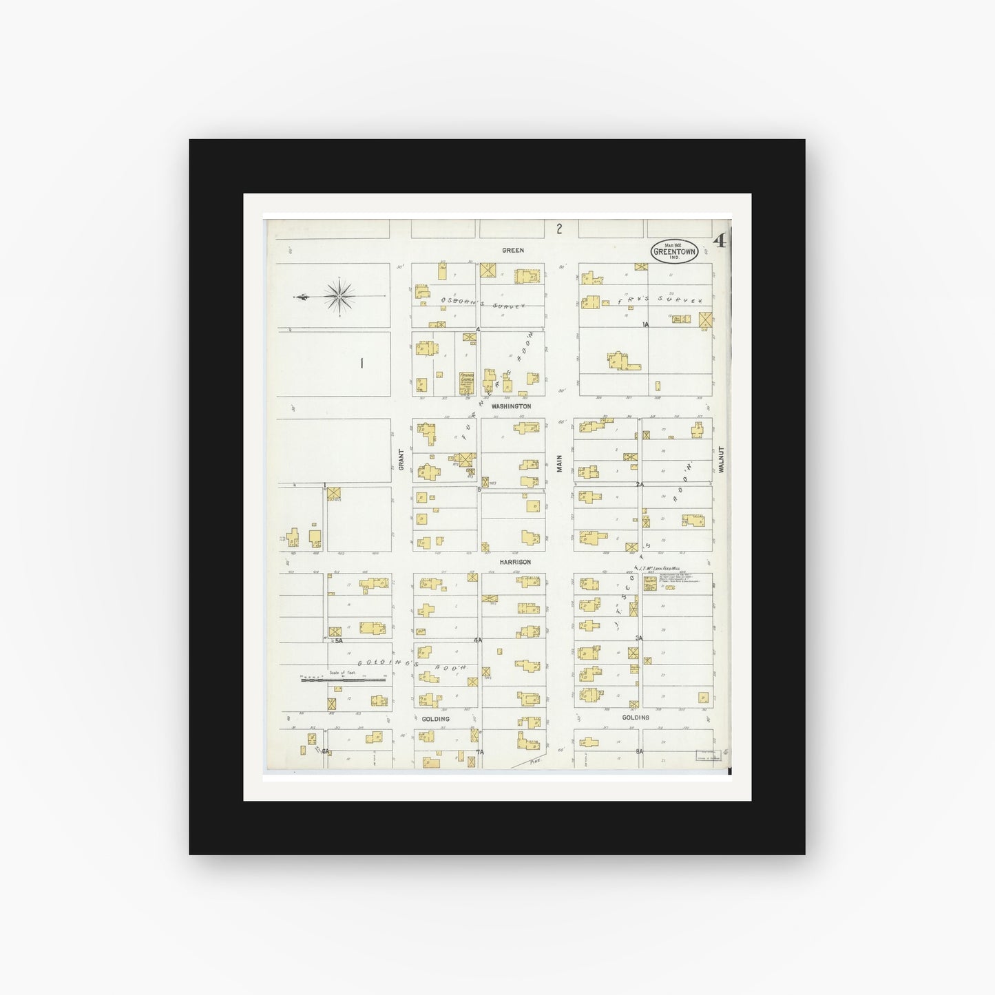 Old map wall art mockup — black gallery frame with white mat — Sanborn Fire Insurance Map from Greentown, Howard County, Indiana (1902), Sheet #0004