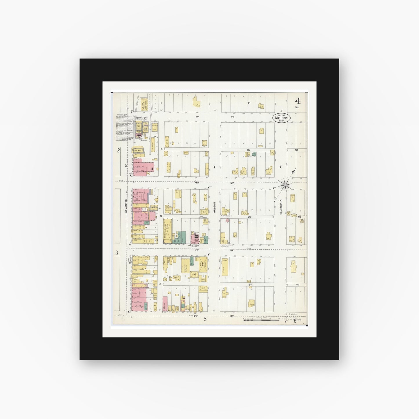 Old map wall art mockup — black gallery frame with white mat — Sanborn Fire Insurance Map from Morris, Stevens County, Minnesota (1902), Sheet #0004