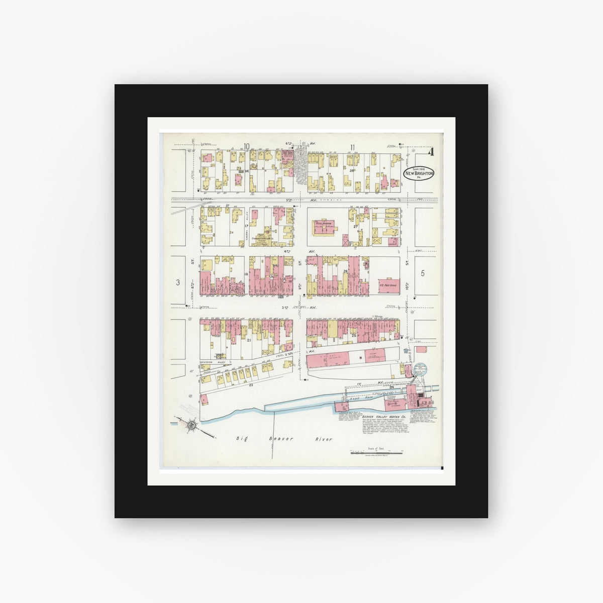 Old map wall art mockup — black gallery frame with white mat — Sanborn Fire Insurance Map from New Brighton, Beaver County, Pennsylvania (1918), Sheet #0004