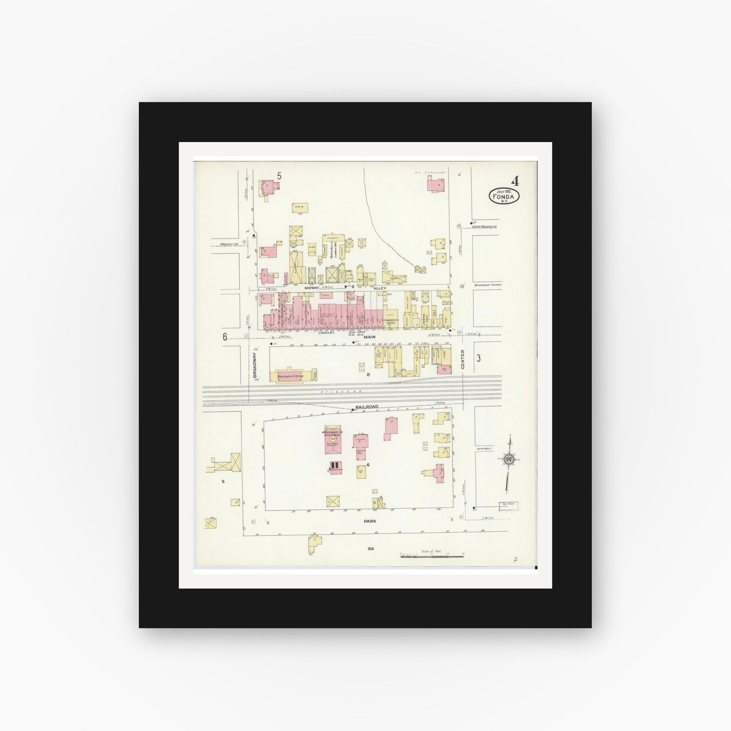 Old map wall art mockup — black gallery frame with white mat — Sanborn Fire Insurance Map from Fonda, Montgomery County, New York (1912), Sheet #0004