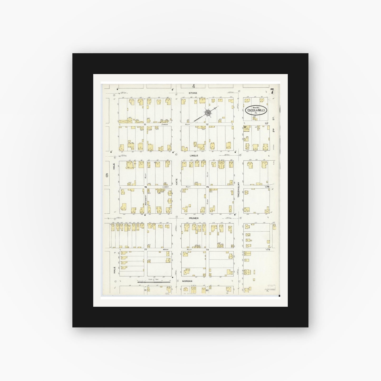 Old map wall art mockup — black gallery frame with white mat — Sanborn Fire Insurance Map from Osceola Mills, Clearfield County, Pennsylvania (1910), Sheet #0007