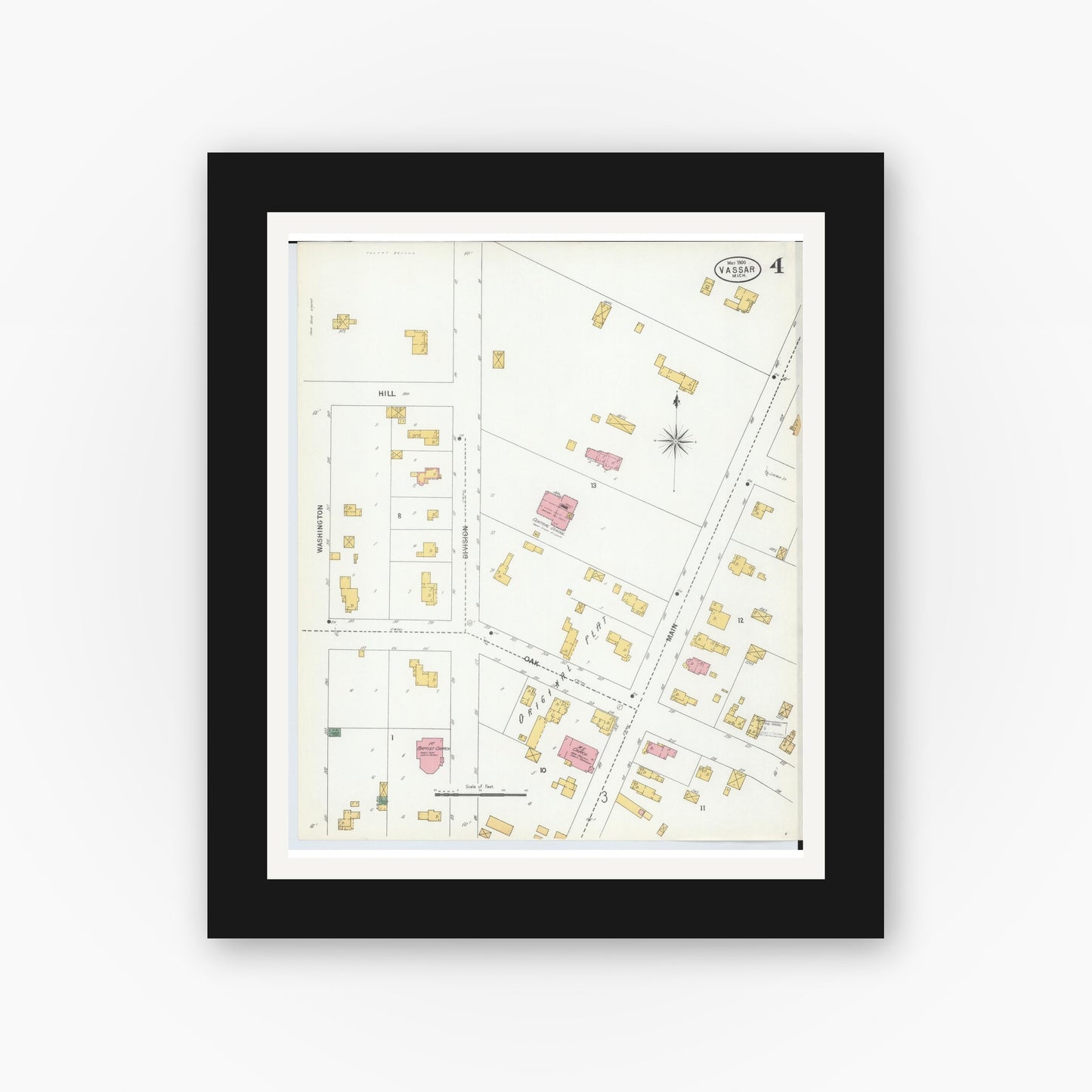 Old map wall art mockup — black gallery frame with white mat — Sanborn Fire Insurance Map from Vassar, Tuscola County, Michigan (1900), Sheet #0004