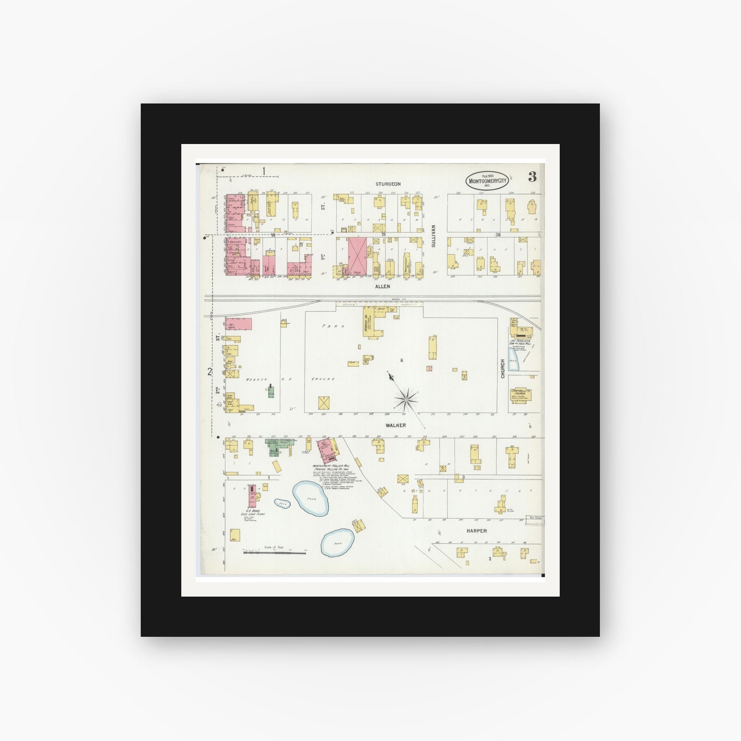 Old map wall art mockup — black gallery frame with white mat — Sanborn Fire Insurance Map from Montgomery City, Montgomery County, Missouri (1900), Sheet #0003