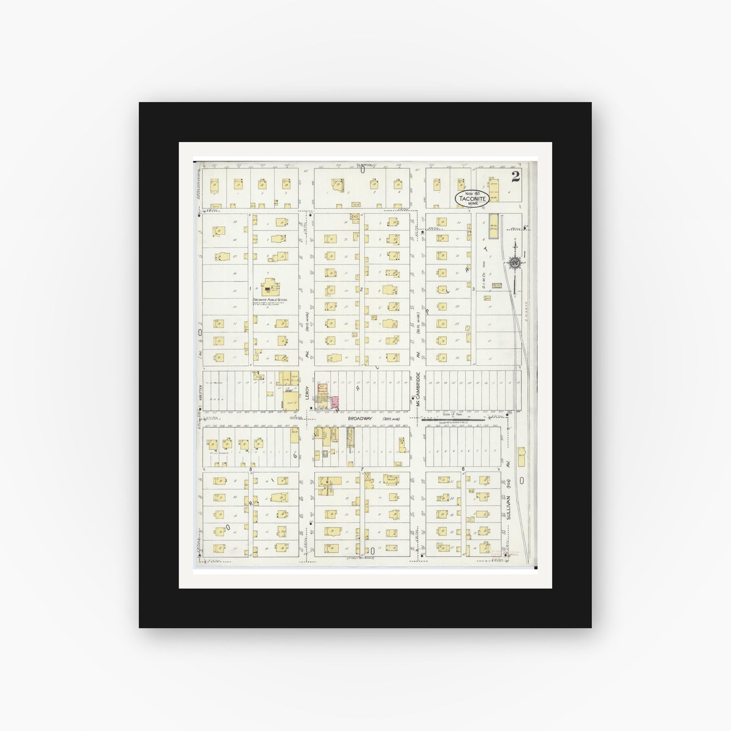 Old map wall art mockup — black gallery frame with white mat — Sanborn Fire Insurance Map from Taconite, Ltasca County, Minnesota (1921), Sheet #0002
