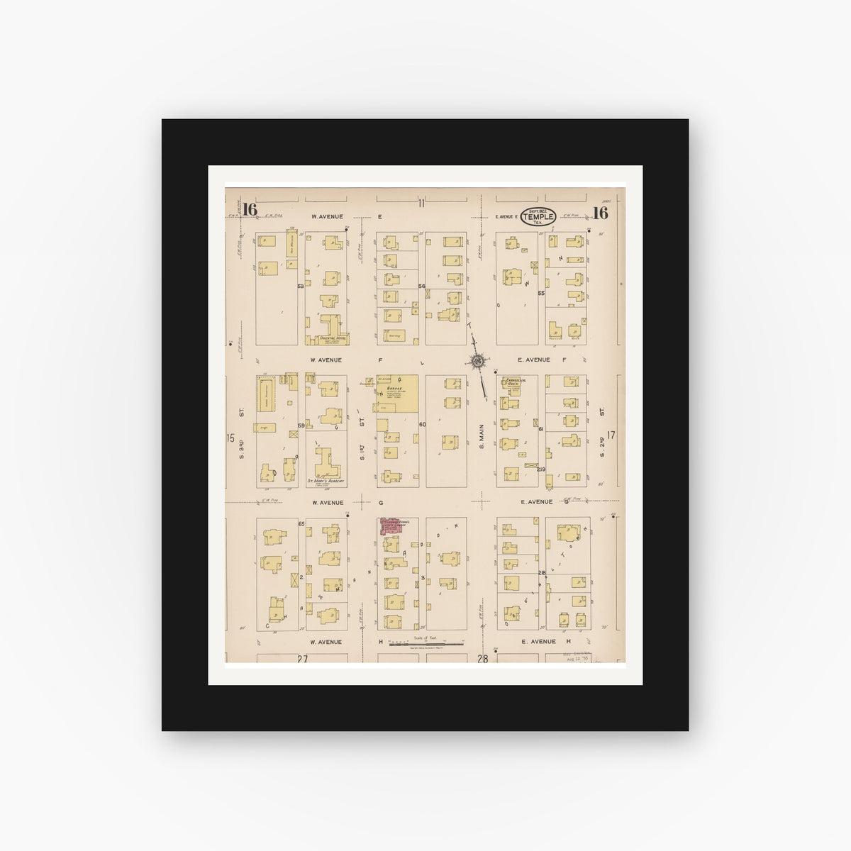 Old map wall art mockup — black gallery frame with white mat — Sanborn Fire Insurance Map from Temple, Bell County, Texas (1922), Sheet #0016
