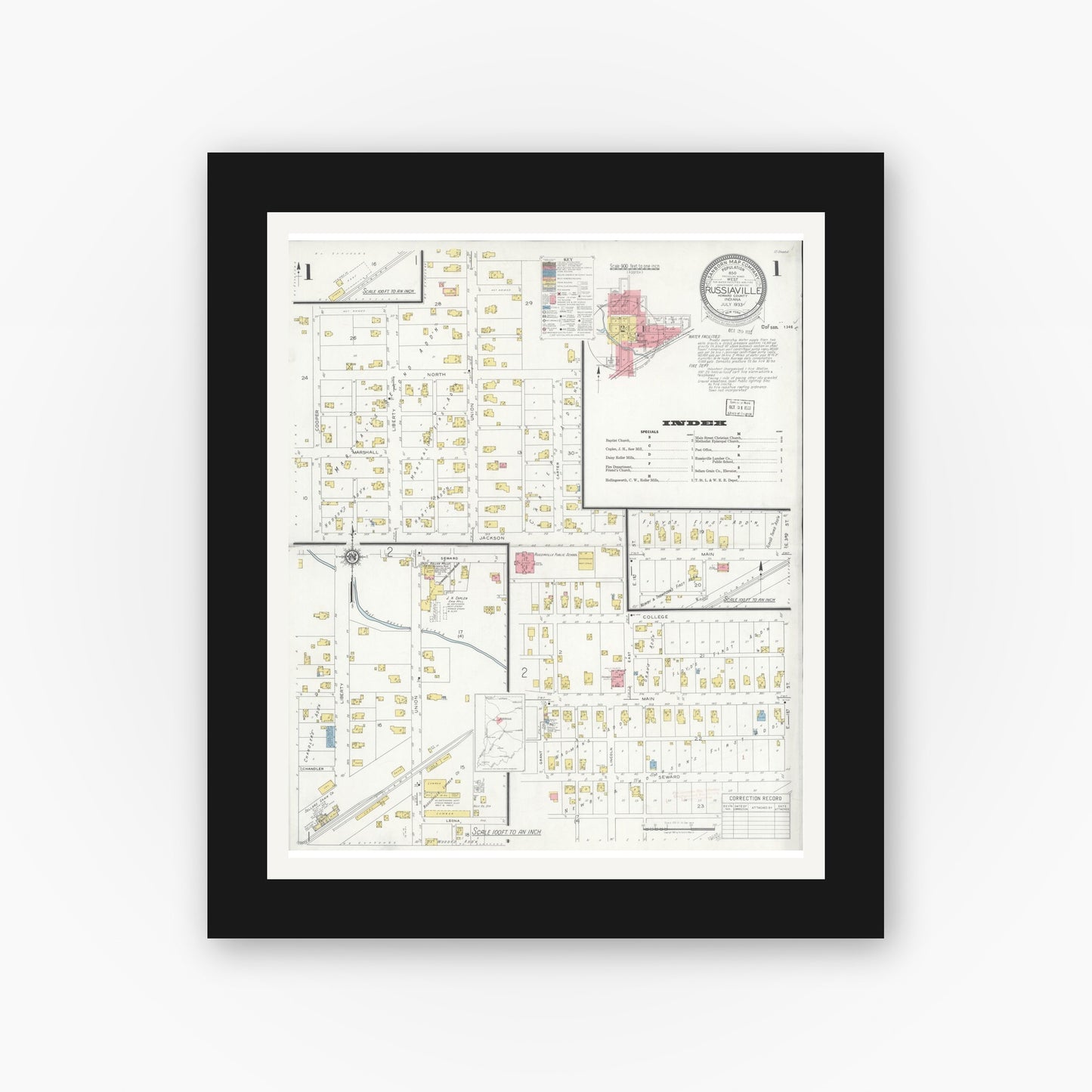 Old map wall art mockup — black gallery frame with white mat — Sanborn Fire Insurance Map from Russiaville, Howard County, Indiana (1933) - Complete Map Set