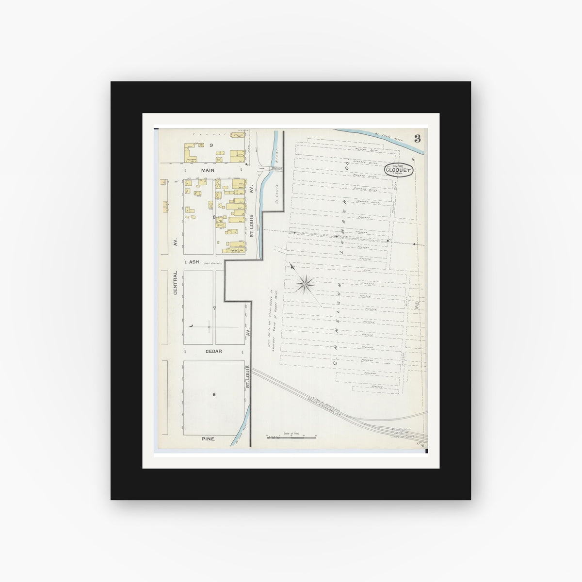 Old map wall art mockup — black gallery frame with white mat — Sanborn Fire Insurance Map from Cloquet, Carlton County, Minnesota (1892), Sheet #0003