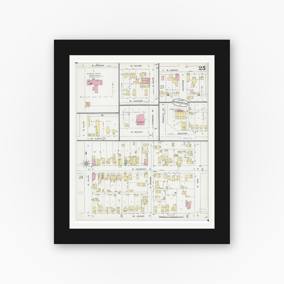 Old map wall art mockup — black gallery frame with white mat — Sanborn Fire Insurance Map from Bloomington, McLean County, Illinois (1896), Sheet #0025