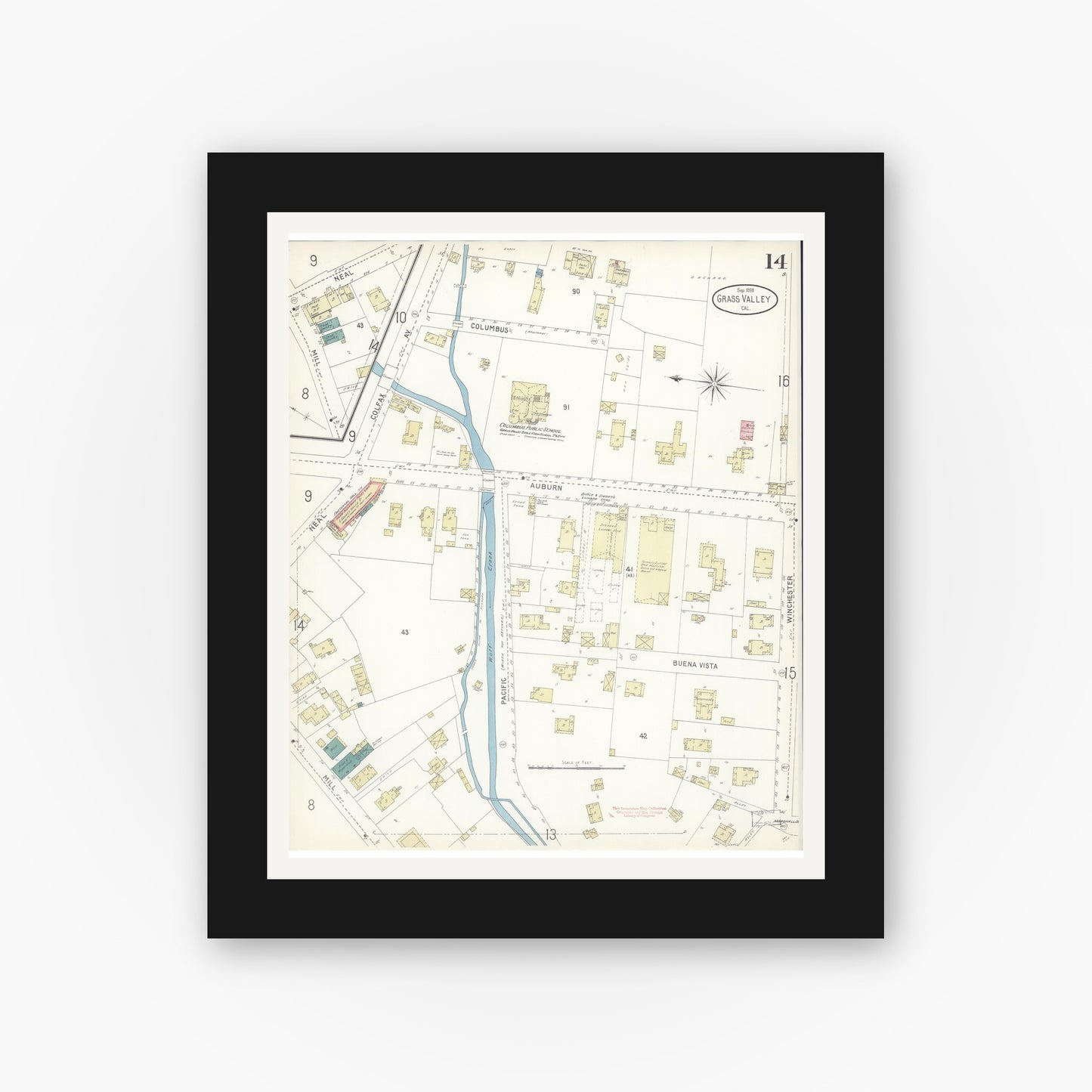 Old map wall art mockup — black gallery frame with white mat — Sanborn Fire Insurance Map from Grass Valley, Nevada County, California (1898), Sheet #0014