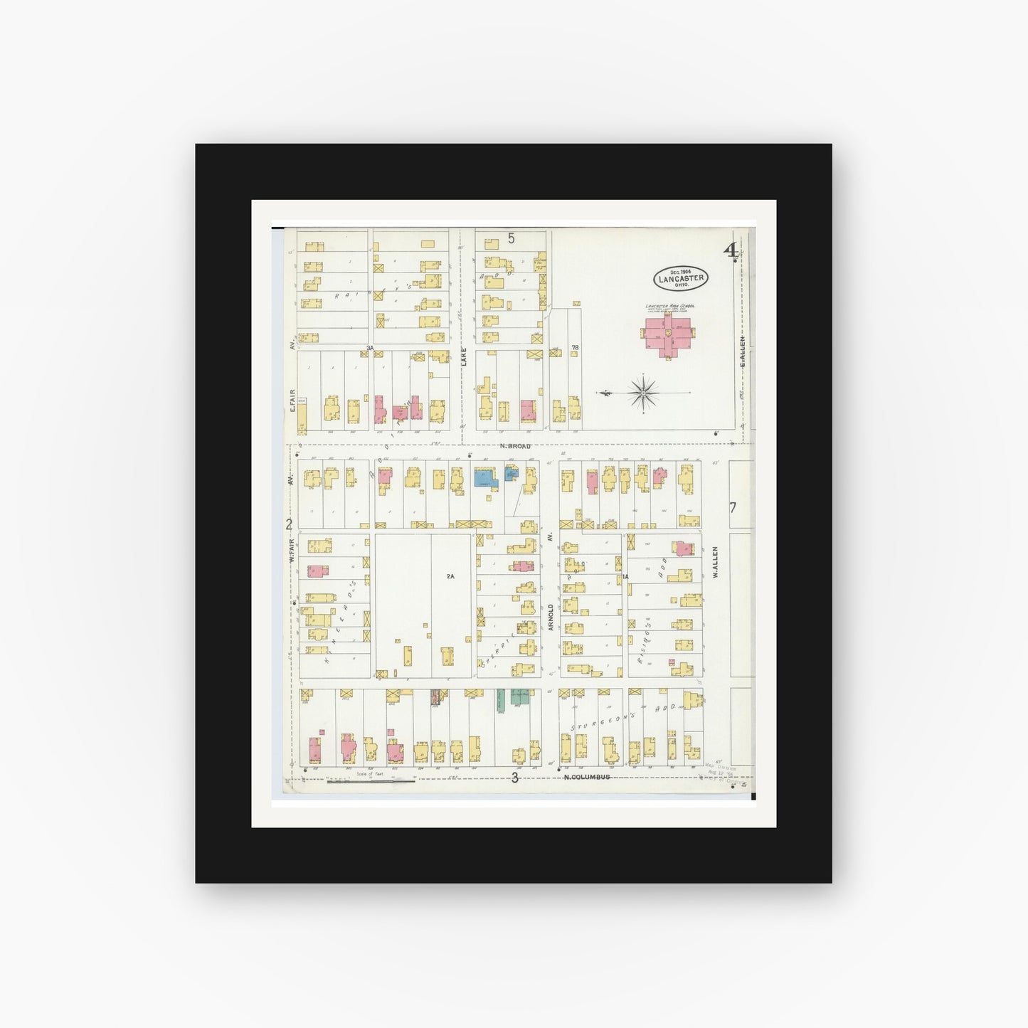 Old map wall art mockup — black gallery frame with white mat — Sanborn Fire Insurance Map from Lancaster, Fairfield County, Ohio (1904), Sheet #0004