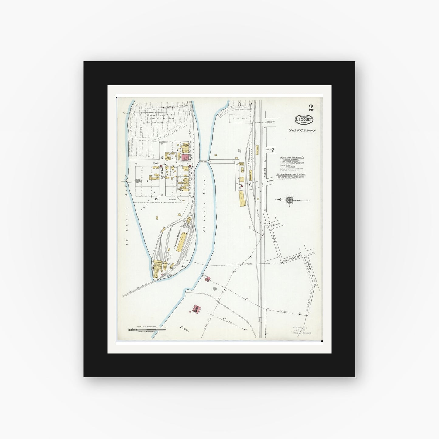 Old map wall art mockup — black gallery frame with white mat — Sanborn Fire Insurance Map from Cloquet, Carlton County, Minnesota (1919), Sheet #0002