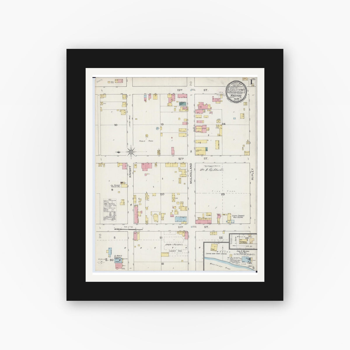 Old map wall art mockup — black gallery frame with white mat — Sanborn Fire Insurance Map from Nauvoo, Hancock County, Illinois (1893), Sheet #0001