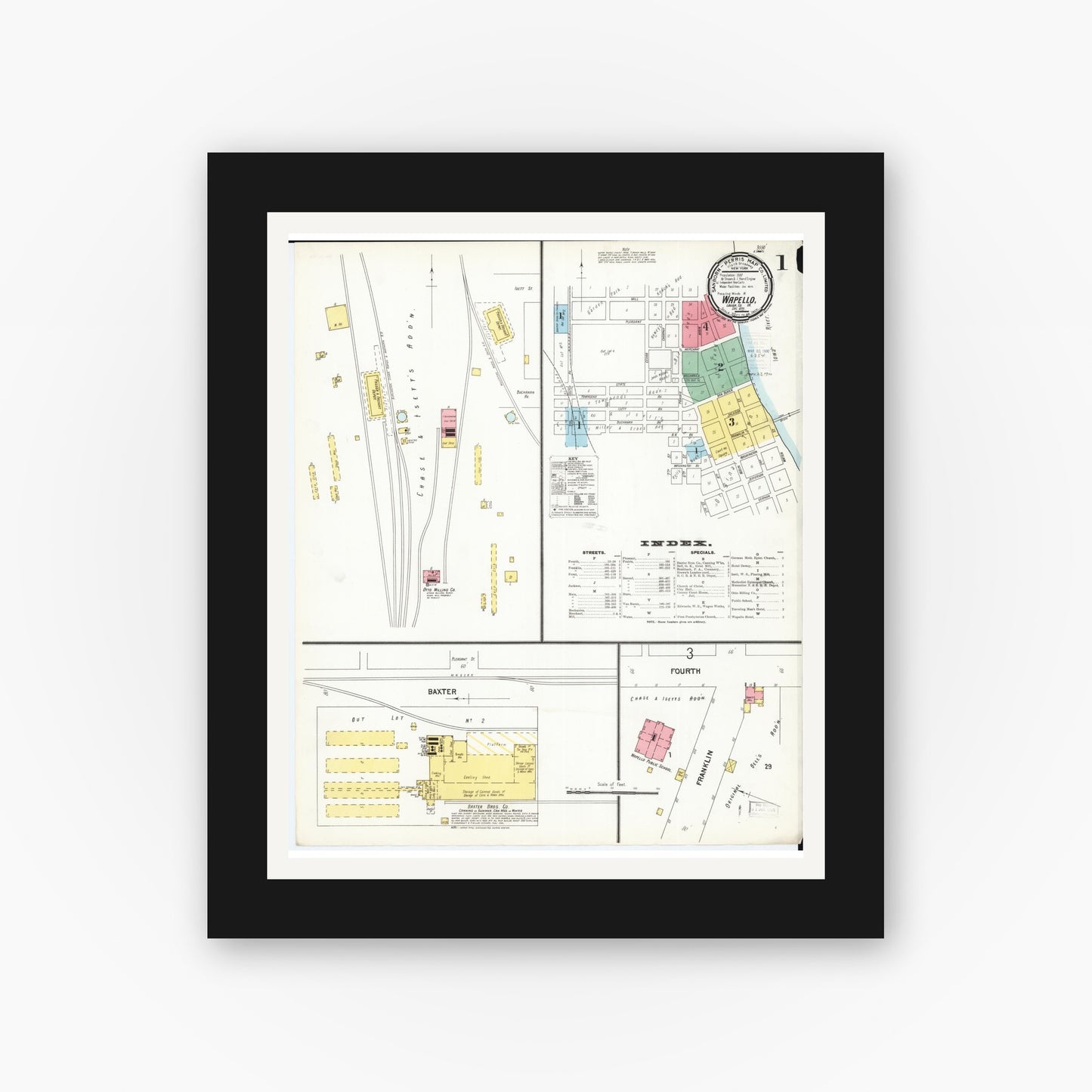 Old map wall art mockup — black gallery frame with white mat — Sanborn Fire Insurance Map from Wapello, Louisa County, Iowa (1899) — Complete Set