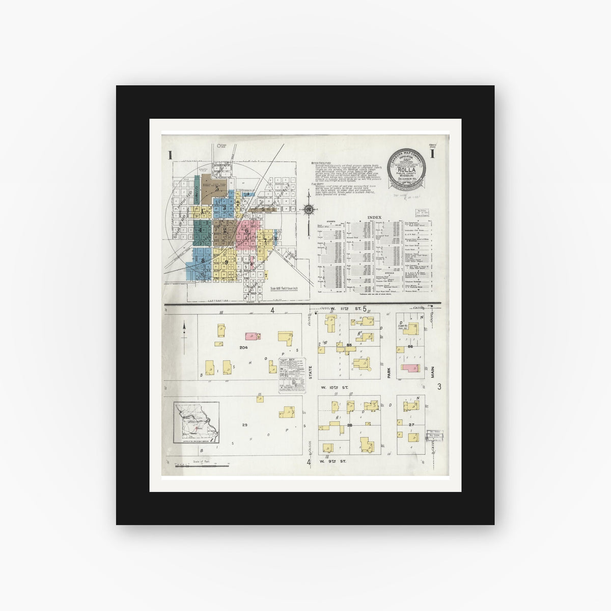 Old map wall art mockup — black gallery frame with white mat — Sanborn Fire Insurance Map from Rolla, Phelps County, Missouri (1924) - Complete Map Set