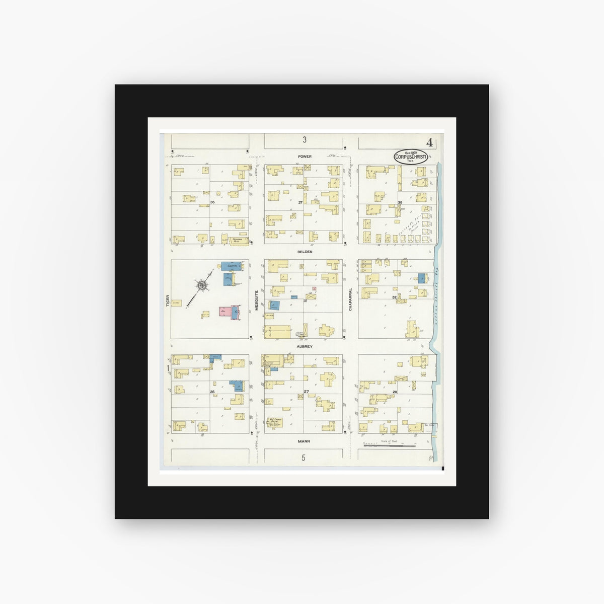 Old map wall art mockup — black gallery frame with white mat — Sanborn Fire Insurance Map from Corpus Christi, Nueces County, Texas (1909), Sheet #0004