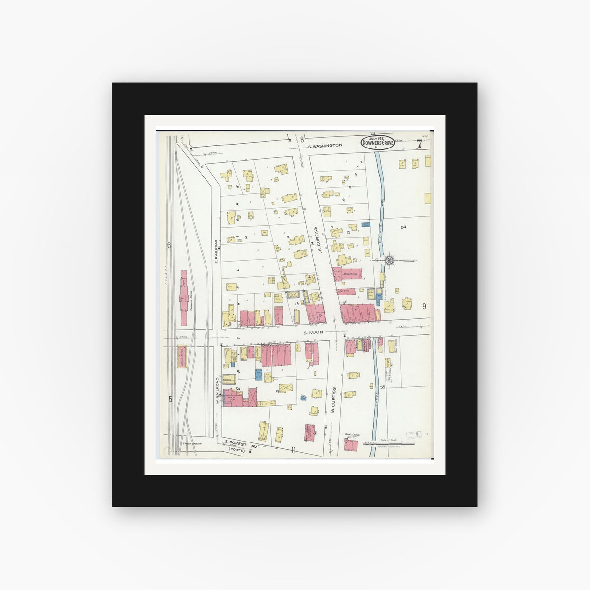 Old map wall art mockup — black gallery frame with white mat — Sanborn Fire Insurance Map from Downers Grove, Dupage County, Illinois (1921), Sheet #0007