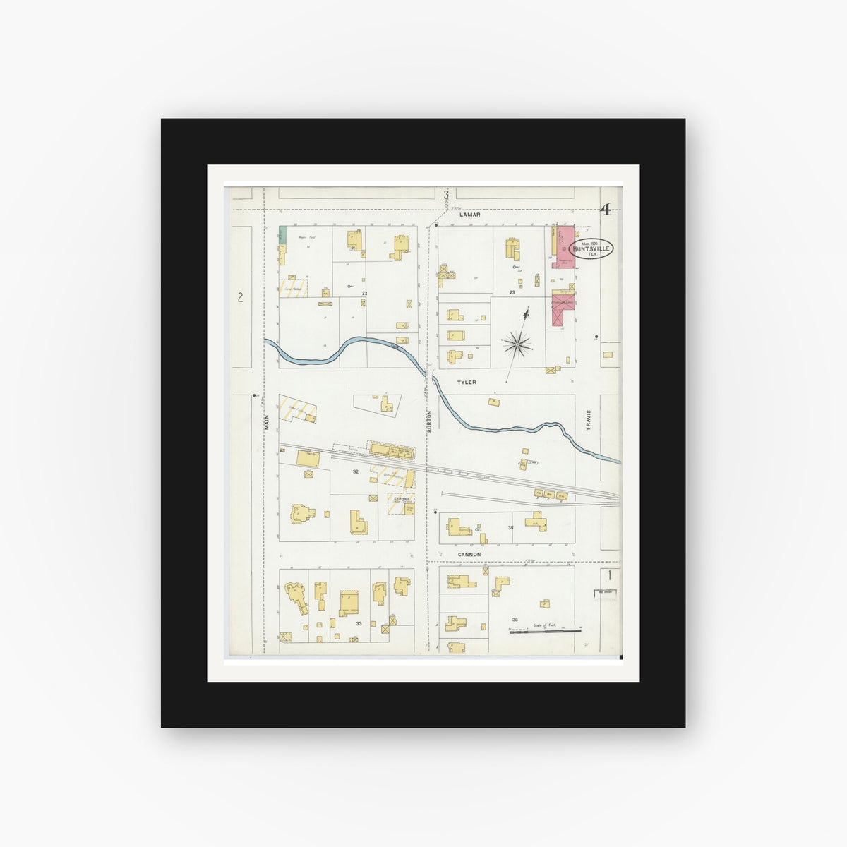 Old map wall art mockup — black gallery frame with white mat — Sanborn Fire Insurance Map from Huntsville, Walker County, Texas (1906), Sheet #0004