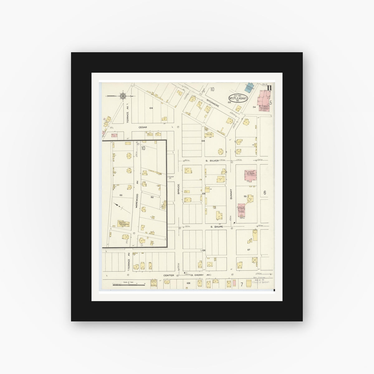 Old map wall art mockup — black gallery frame with white mat — Sanborn Fire Insurance Map from Mount Pleasant, Westmoreland County, Pennsylvania (1914), Sheet #0011