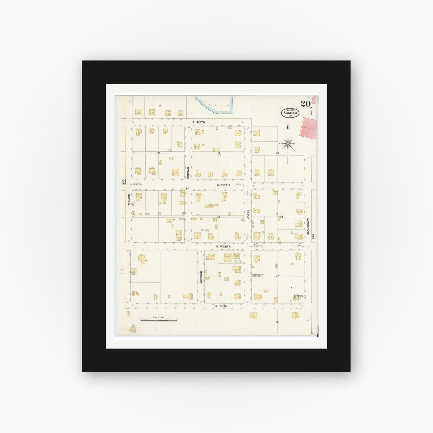 Old map wall art mockup — black gallery frame with white mat — Sanborn Fire Insurance Map from Bonham, Fannin County, Texas (1909), Sheet #0020