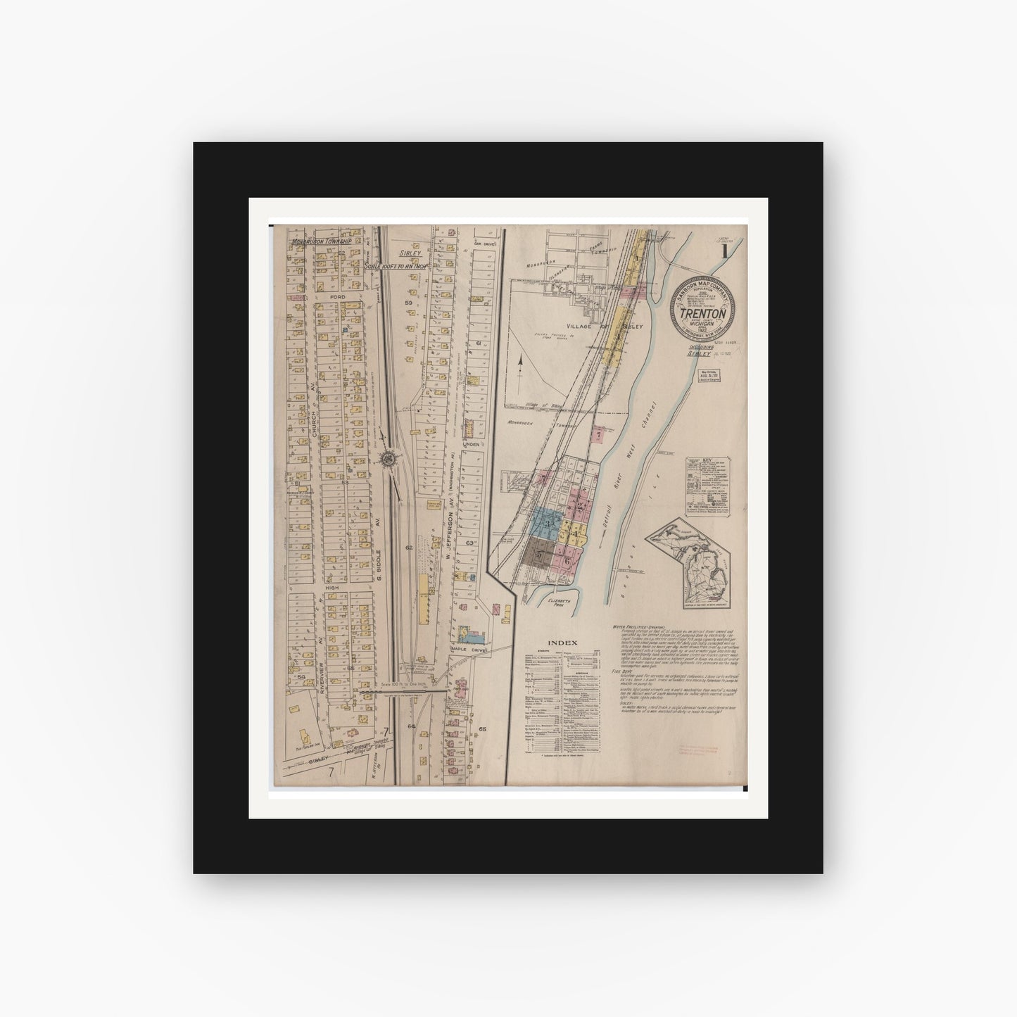 Old map wall art mockup — black gallery frame with white mat — Sanborn Fire Insurance Map from Trenton, Wayne County, Michigan (1922) - Complete Map Set