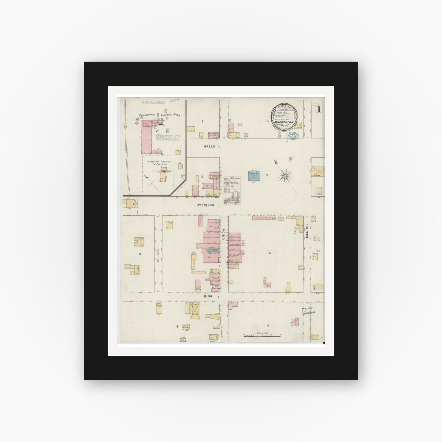 Old map wall art mockup — black gallery frame with white mat — Sanborn Fire Insurance Map from Morganton, Burke County, North Carolina (1894), Sheet #0001