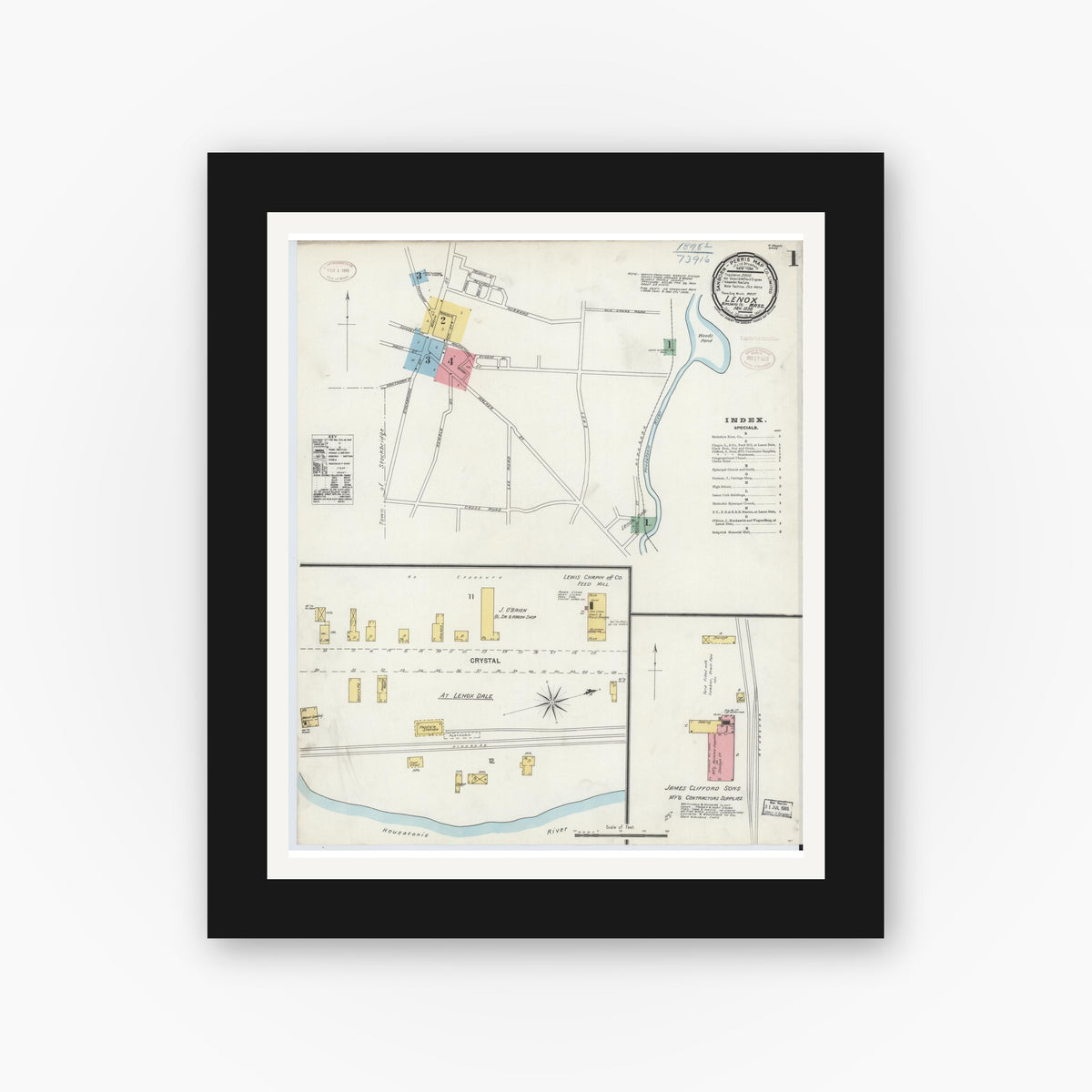 Old map wall art mockup — black gallery frame with white mat — Sanborn Fire Insurance Map from Lenox, Berkshire County, Massachusetts (1898) - Complete Map Set