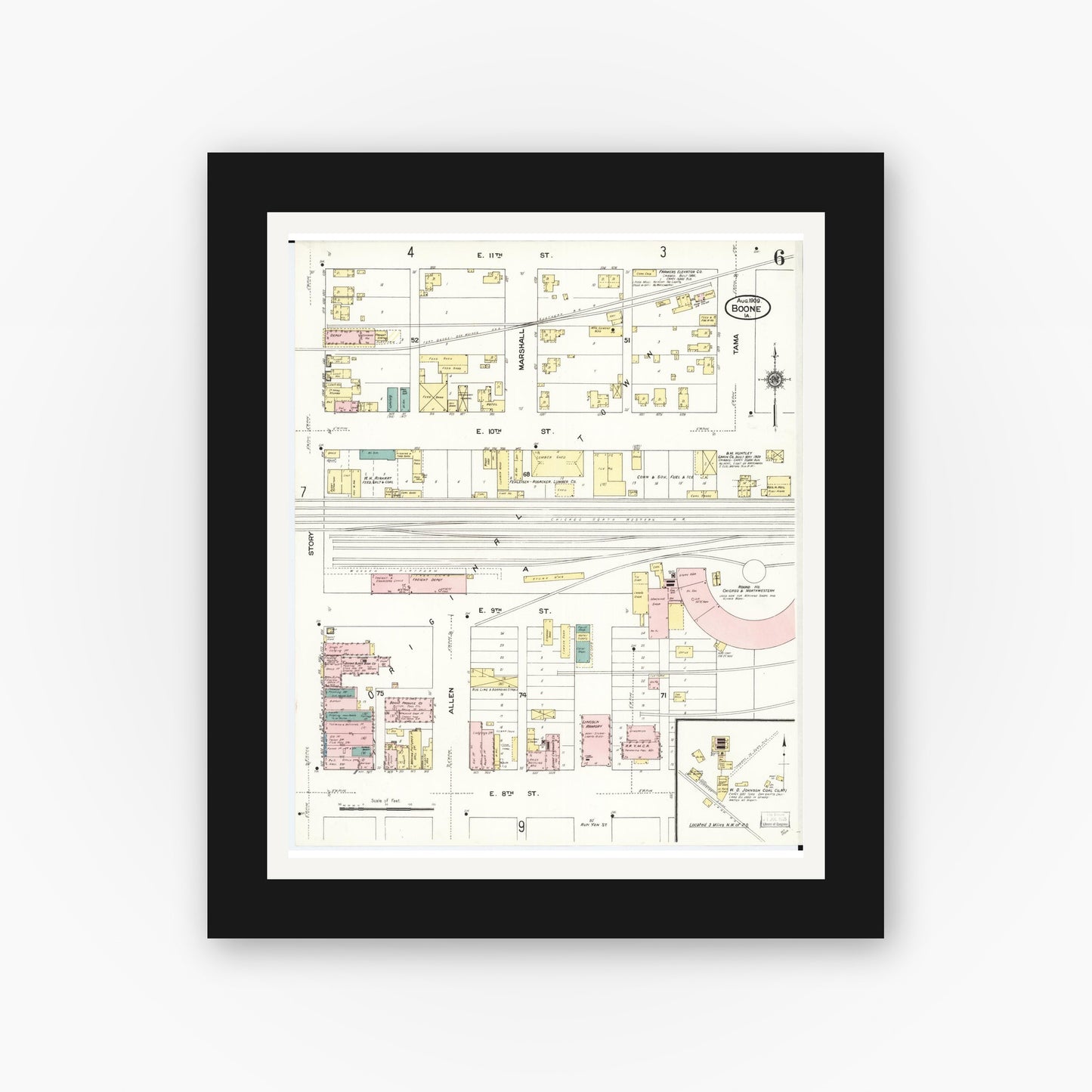 Old map wall art mockup — black gallery frame with white mat — Sanborn Fire Insurance Map from Boone, Boone County, Iowa (1909), Sheet #0006