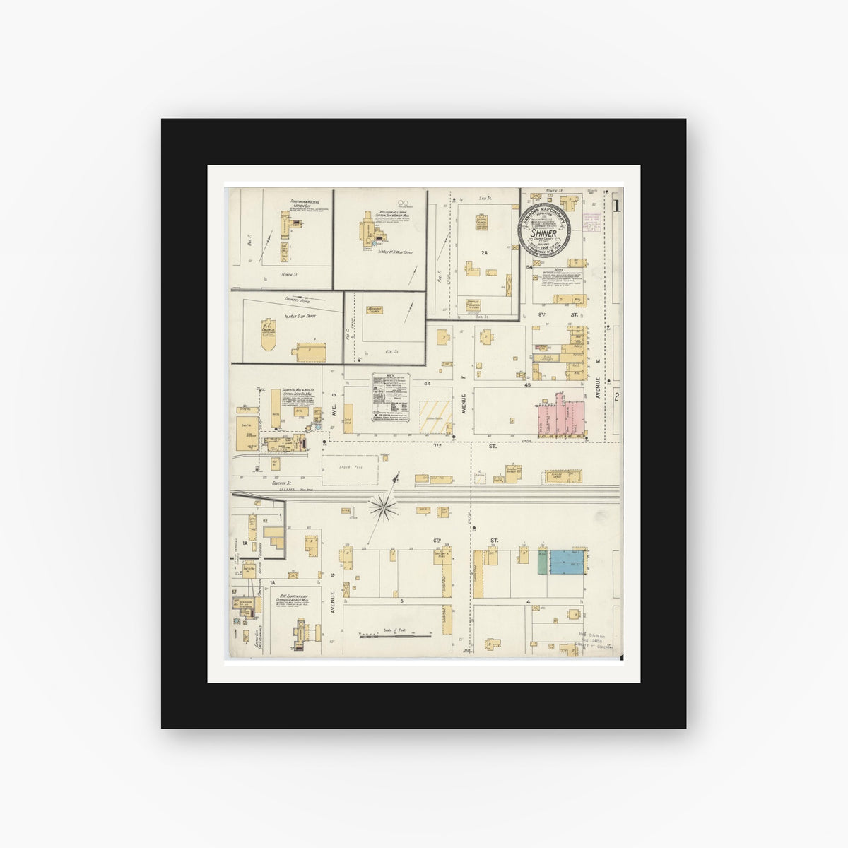 Old map wall art mockup — black gallery frame with white mat — Sanborn Fire Insurance Map from Shiner, Lavaca County, Texas (1906) - Complete Map Set