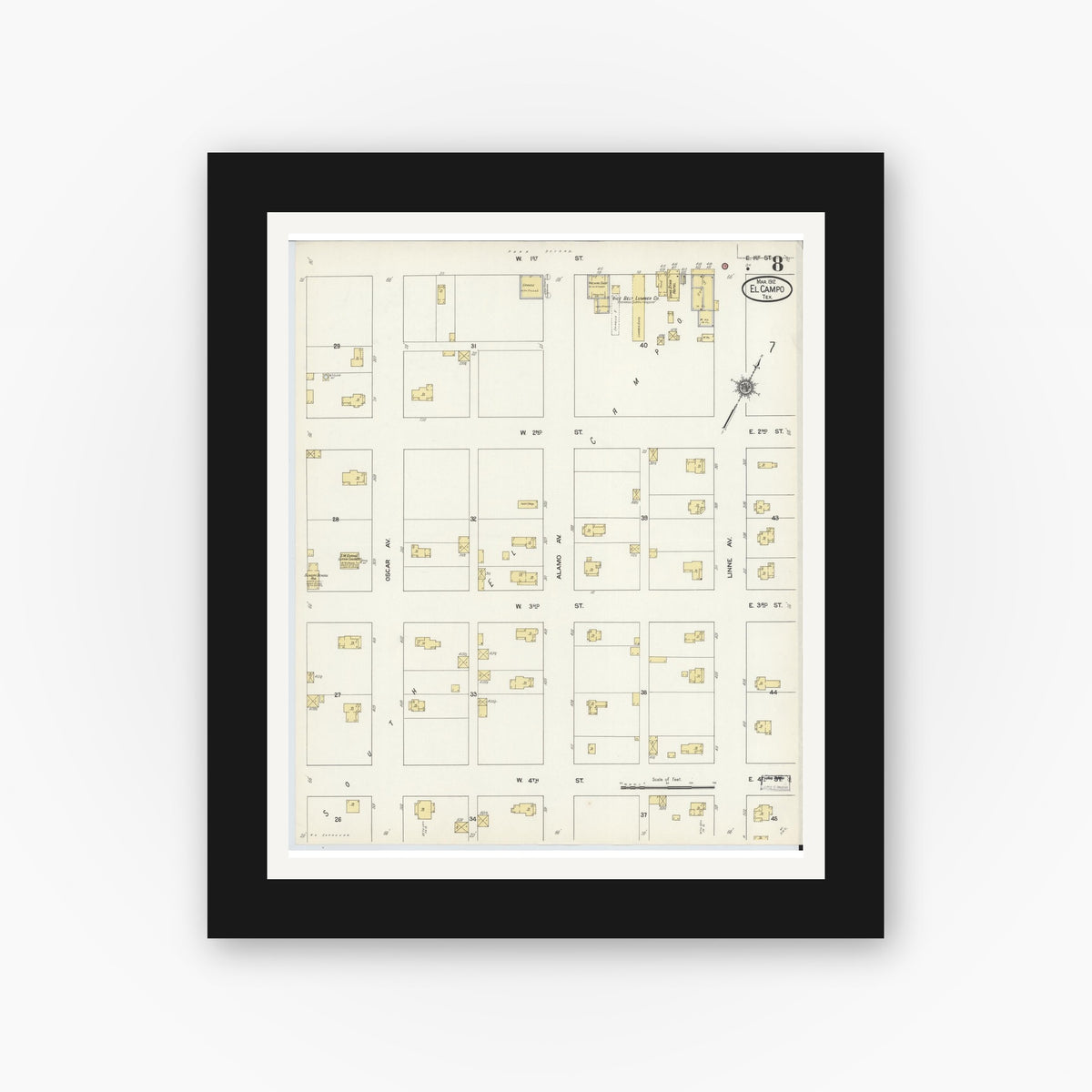 Old map wall art mockup — black gallery frame with white mat — Sanborn Fire Insurance Map from El Campo, Wharton County, Texas (1912), Sheet #0008