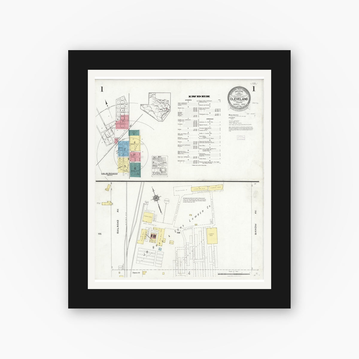 Old map wall art mockup — black gallery frame with white mat — Sanborn Fire Insurance Map from Cleveland, Liberty County, Texas (1926), Sheet #0001