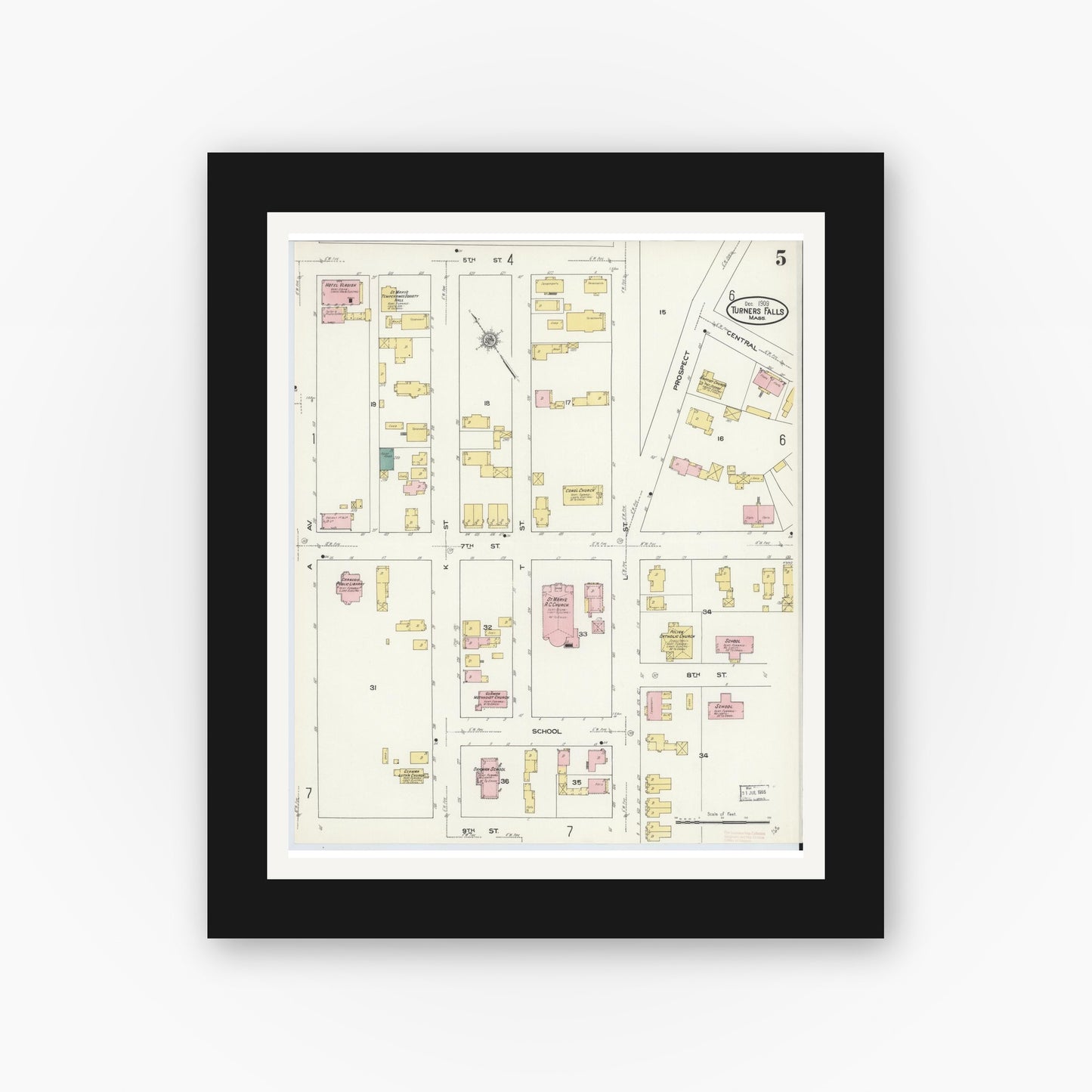 Old map wall art mockup — black gallery frame with white mat — Sanborn Fire Insurance Map from Turners Falls, Franklin County, Massachusetts (1909), Sheet #0005