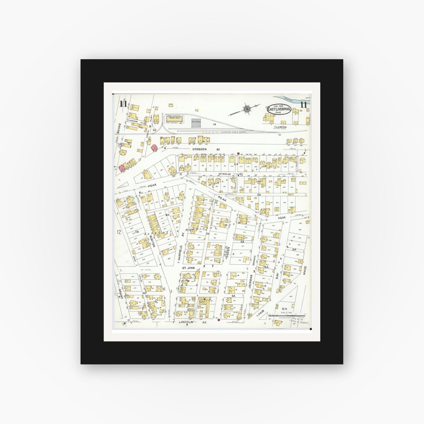 Old map wall art mockup — black gallery frame with white mat — Sanborn Fire Insurance Map from East Liverpool, Columbiana County, Ohio (1923), Sheet #0011