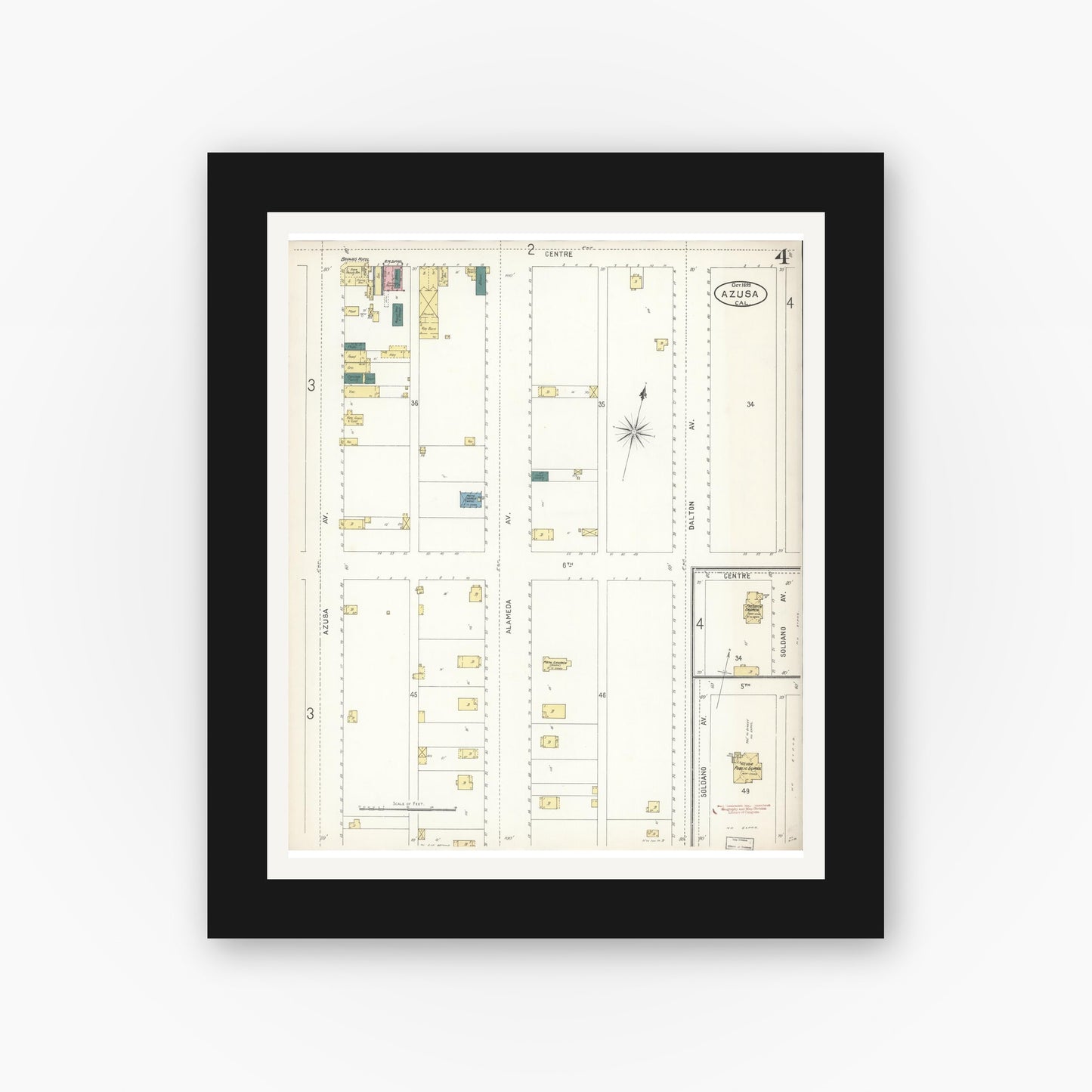 Old map wall art mockup — black gallery frame with white mat — Sanborn Fire Insurance Map from Azusa, Los Angeles County, California (1899), Sheet #0004