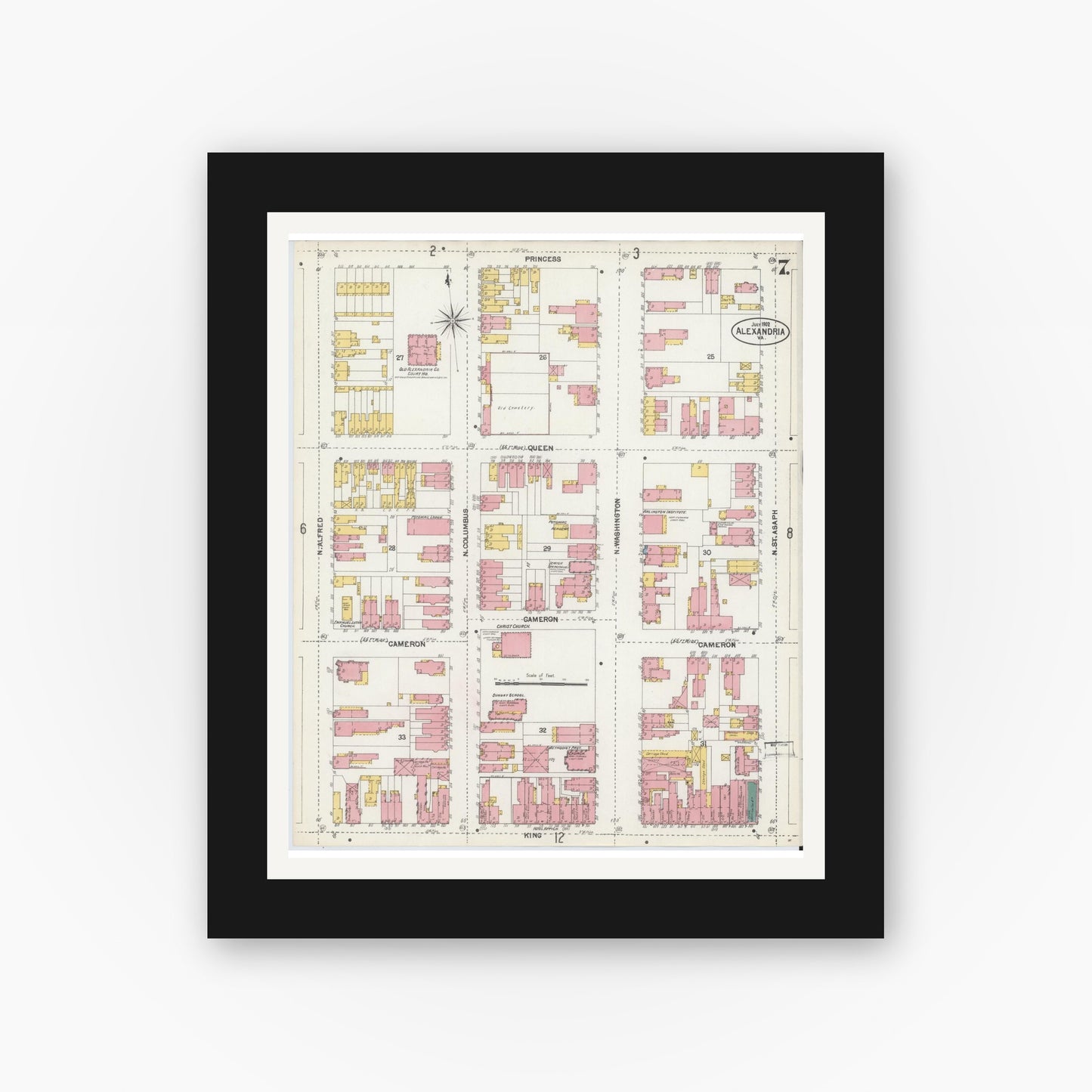 Old map wall art mockup — black gallery frame with white mat — Sanborn Fire Insurance Map from Alexandria, Independent Cities, Virginia (1902), Sheet #0007