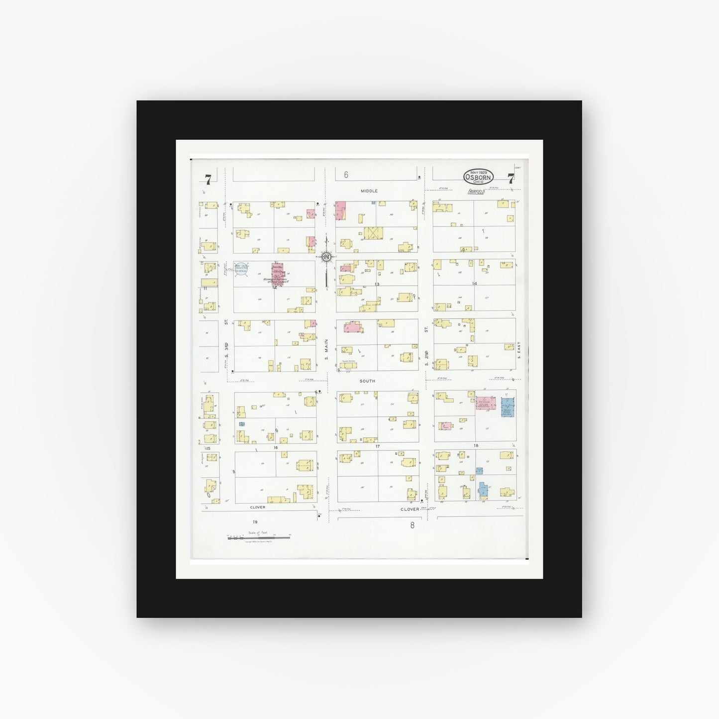 Old map wall art mockup — black gallery frame with white mat — Sanborn Fire Insurance Map from Osborn, Greene County, Ohio (1929), Sheet #0007