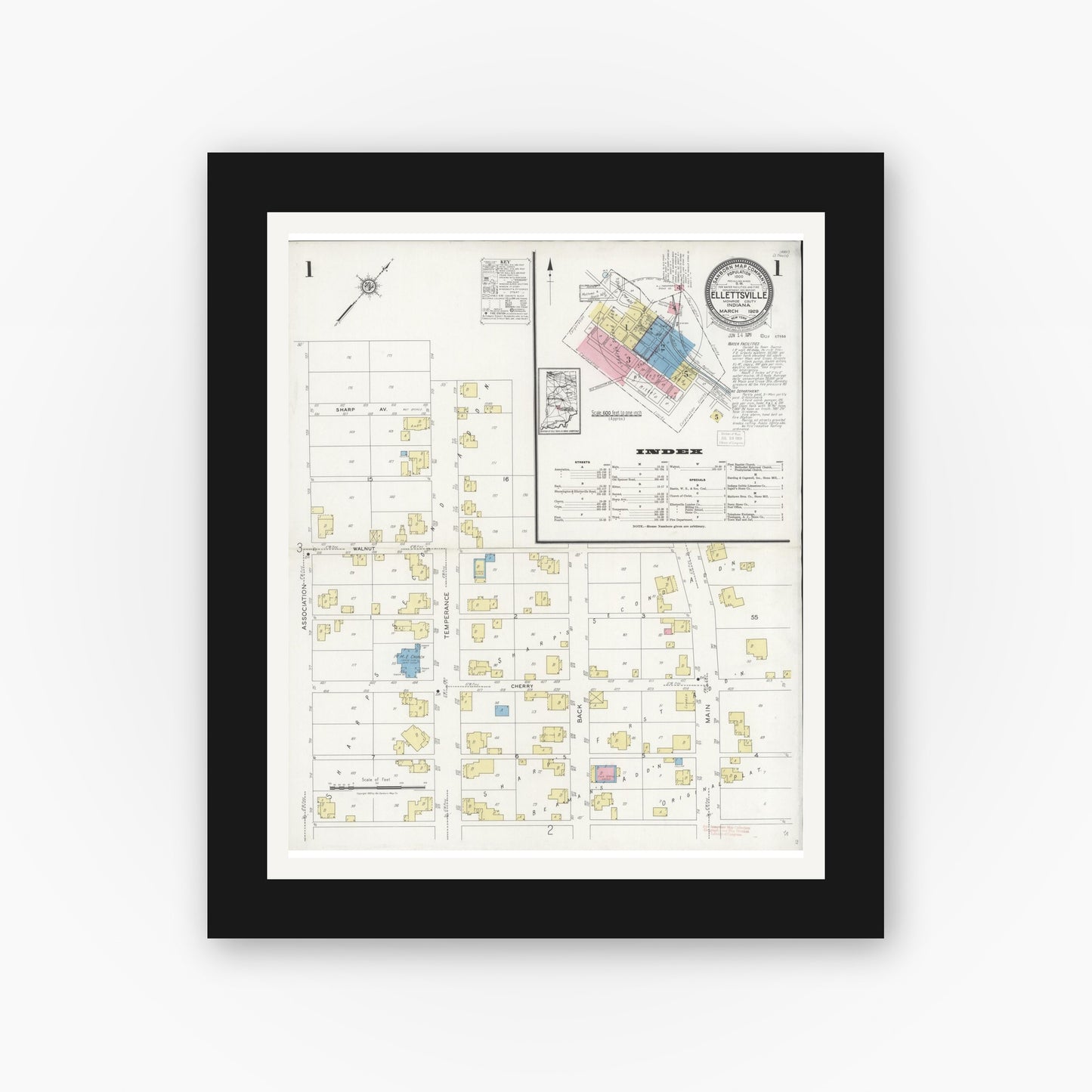 Old map wall art mockup — black gallery frame with white mat — Sanborn Fire Insurance Map from Ellettsville, Monroe County, Indiana (1929) - Complete Map Set